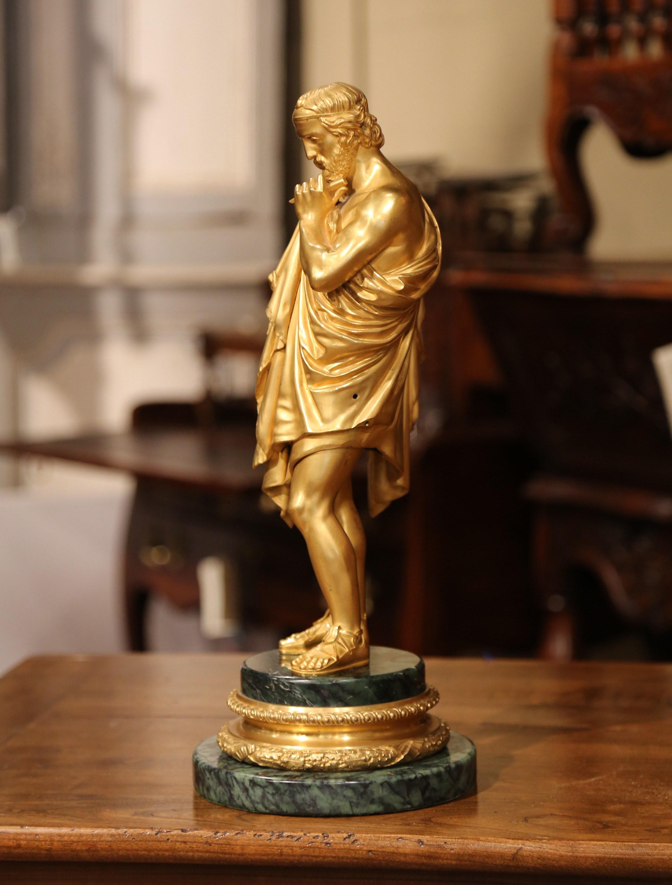 Mid-19th Century French Bronze Doré Sculptor Statue on Green Marble Base 3