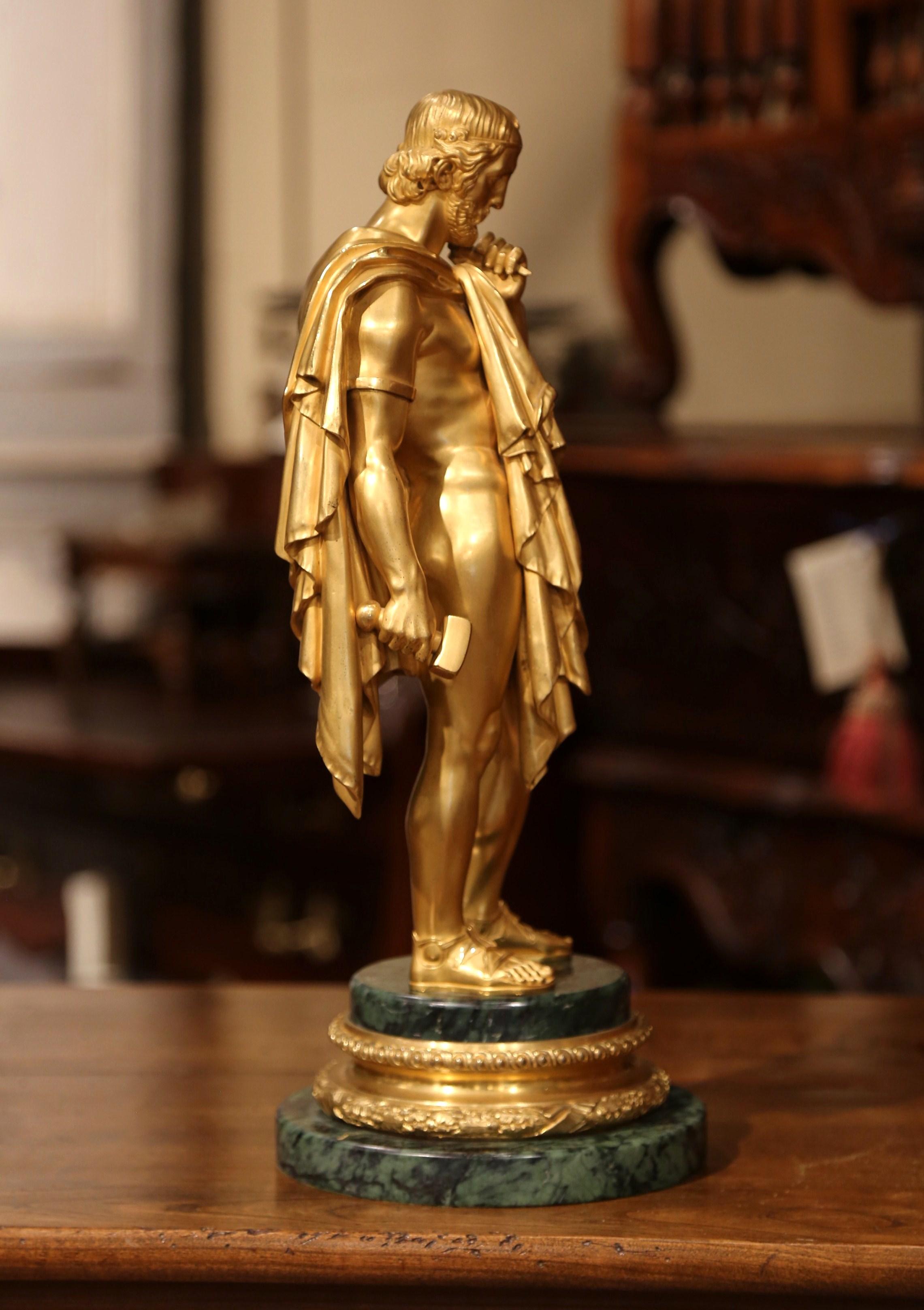 Mid-19th Century French Bronze Doré Sculptor Statue on Green Marble Base 4