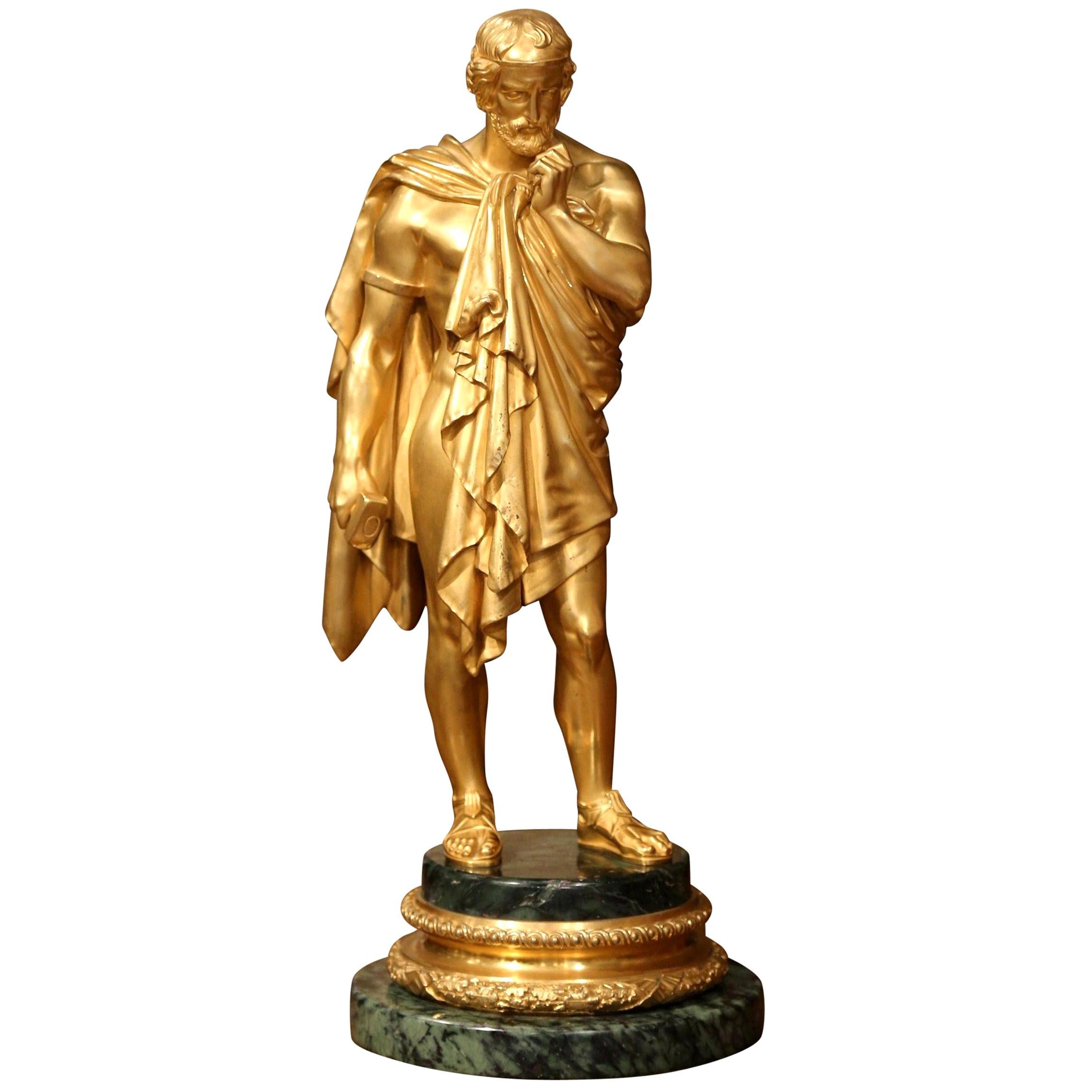 Mid-19th Century French Bronze Doré Sculptor Statue on Green Marble Base