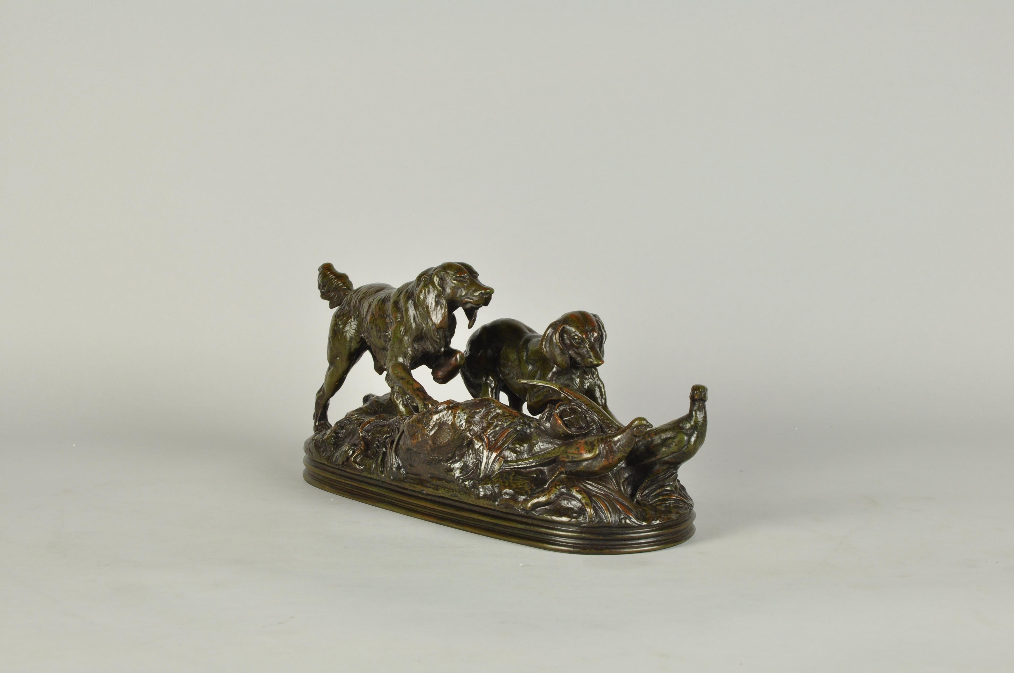 Französische Bronze aus der Mitte des 19. Jahrhunderts mit dem Titel „Deux Chiens en Arret“ von A L Barye im Angebot 1