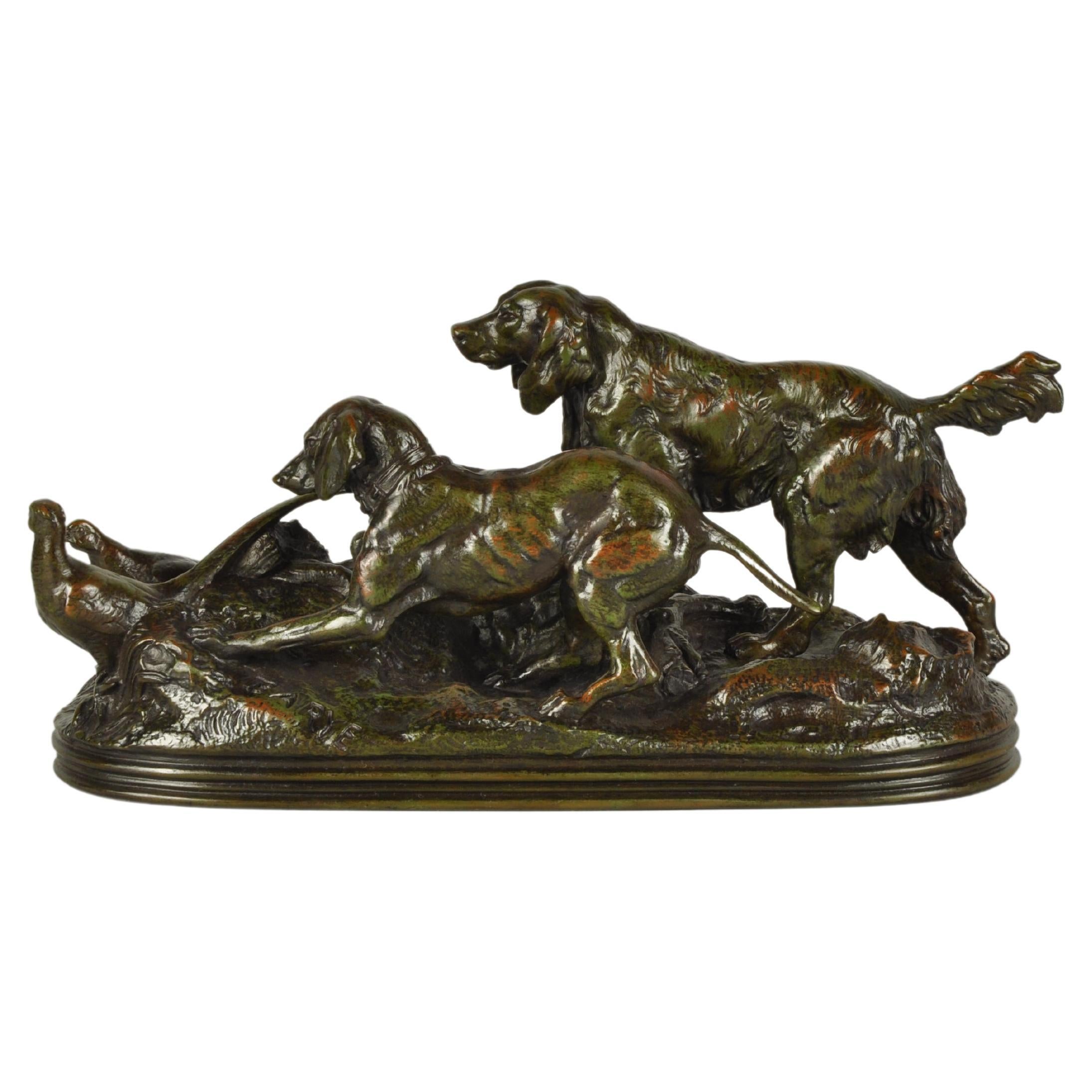 Bronze français du milieu du XIXe siècle intitulé "Deux Chiens en Arret" par A L Barye en vente