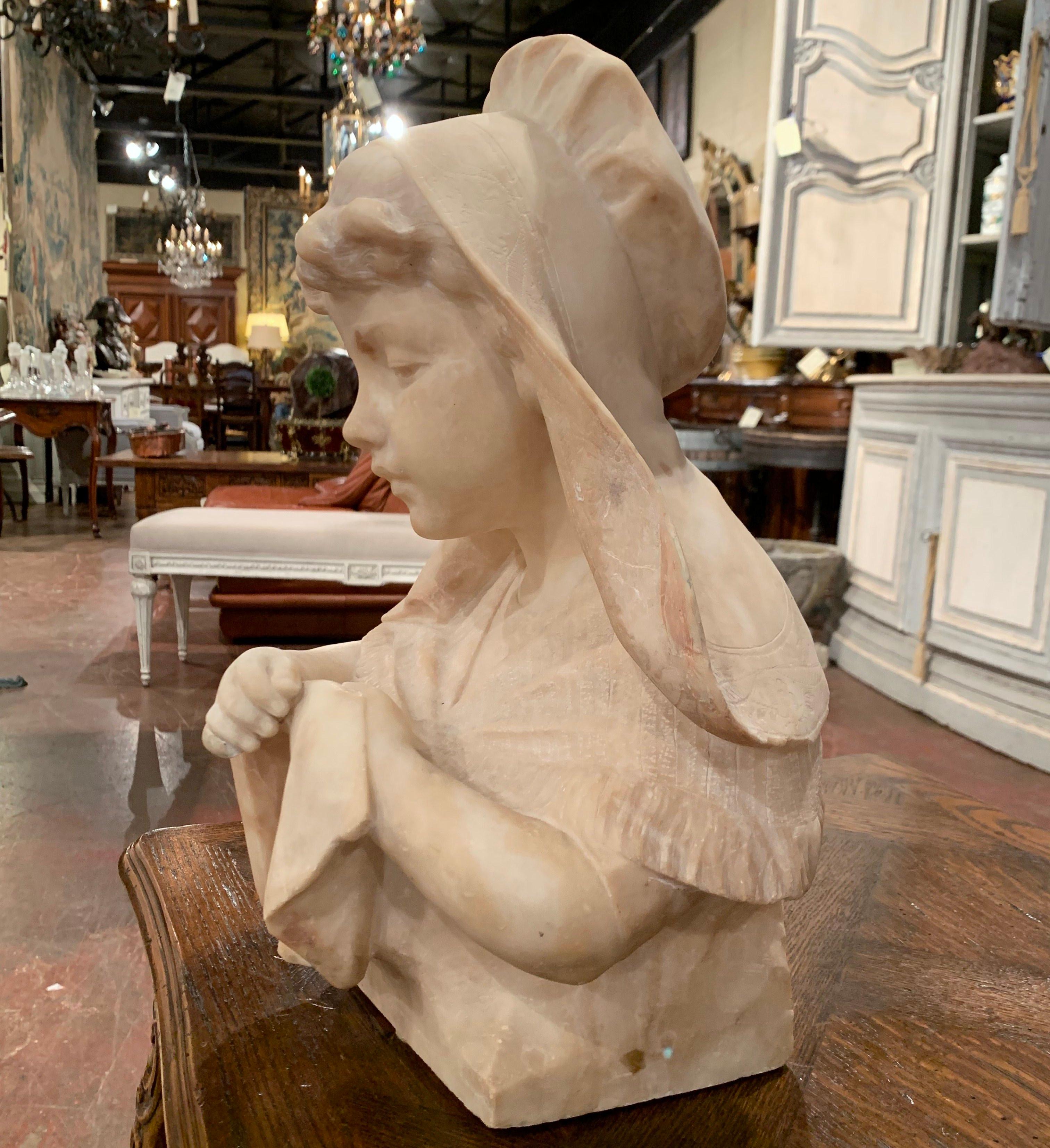 Patinated Mid-19th Century French Carved Beige Marble Bust Sculpture of Young Girl For Sale