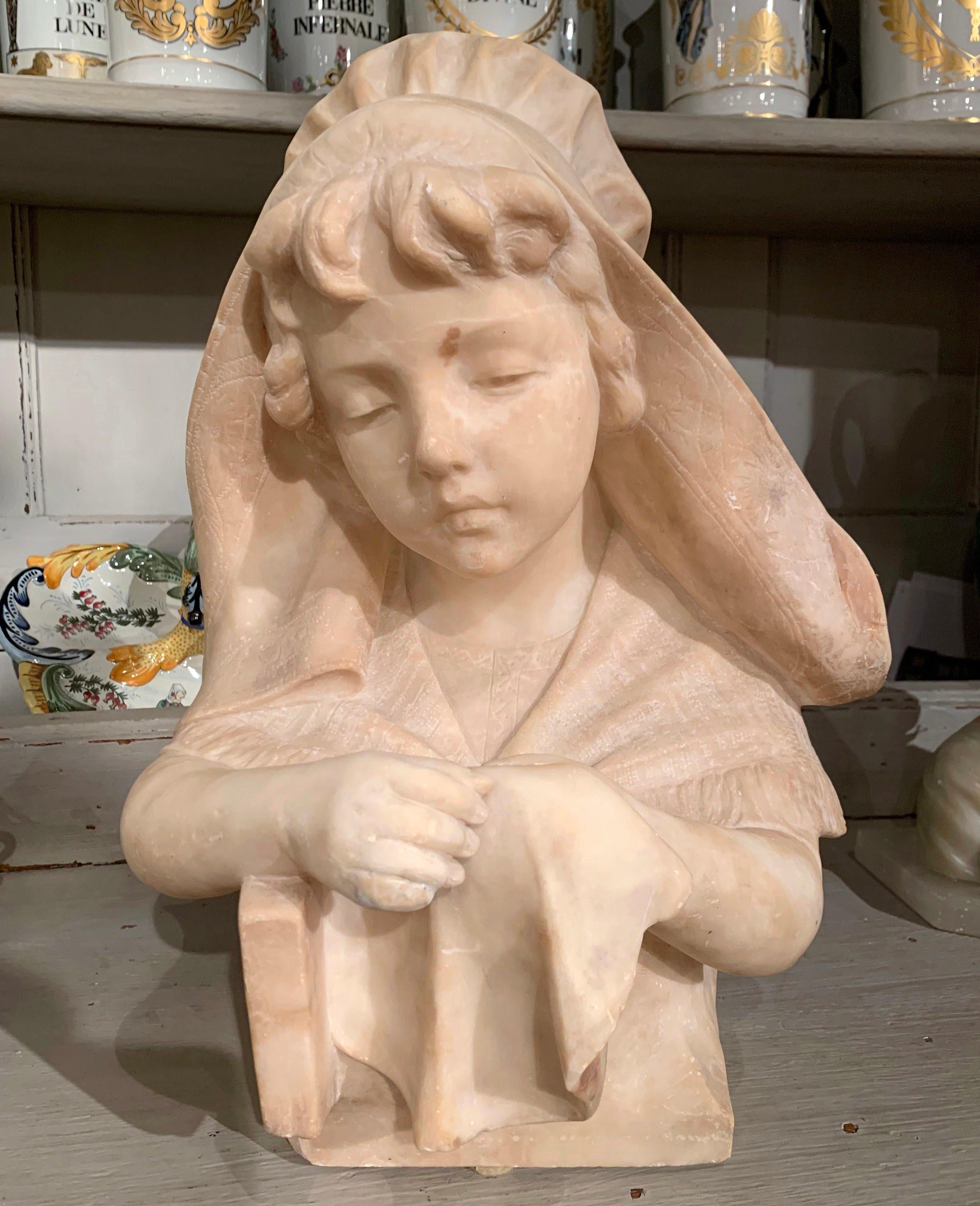 Mid-19th Century French Carved Beige Marble Bust Sculpture of Young Girl For Sale 2