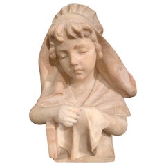 Antique Mid-19th Century French Carved Beige Marble Bust Sculpture of Young Girl