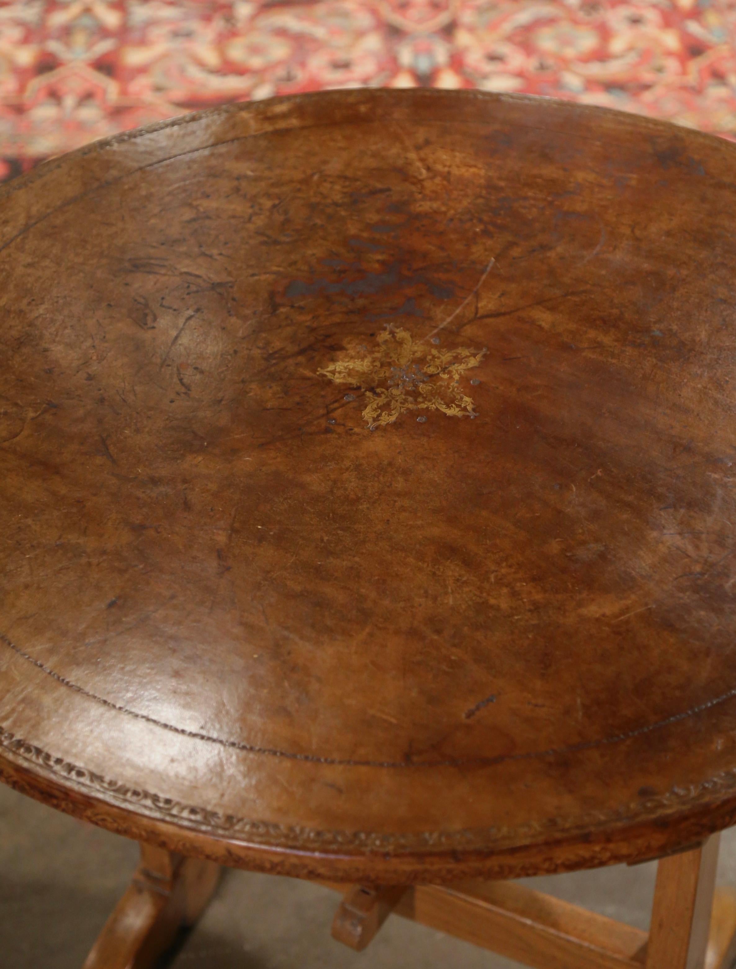 Country Mid-19th Century French Carved Elm and Leather Tilt-Top Wine Tasting Table