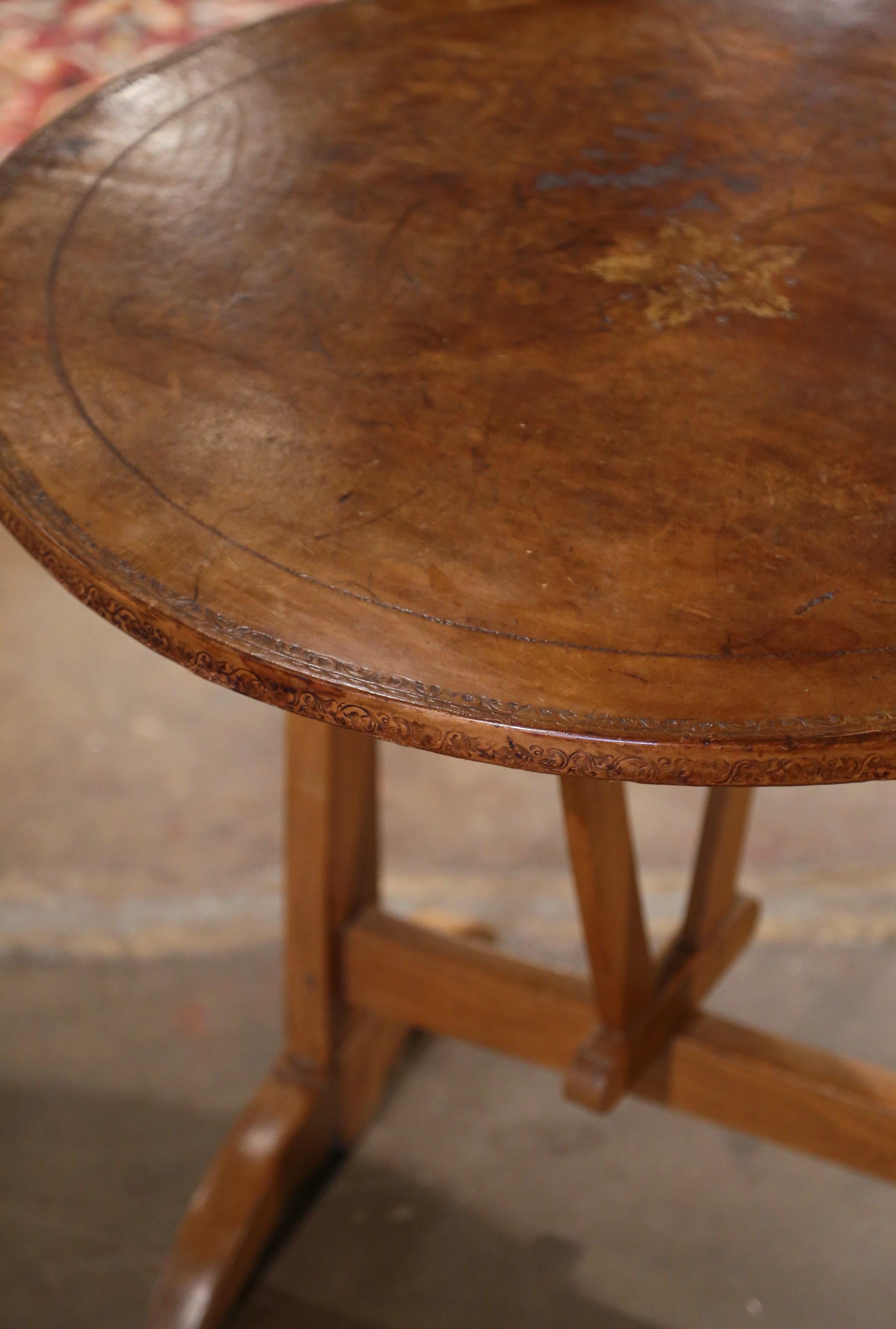 Hand-Carved Mid-19th Century French Carved Elm and Leather Tilt-Top Wine Tasting Table