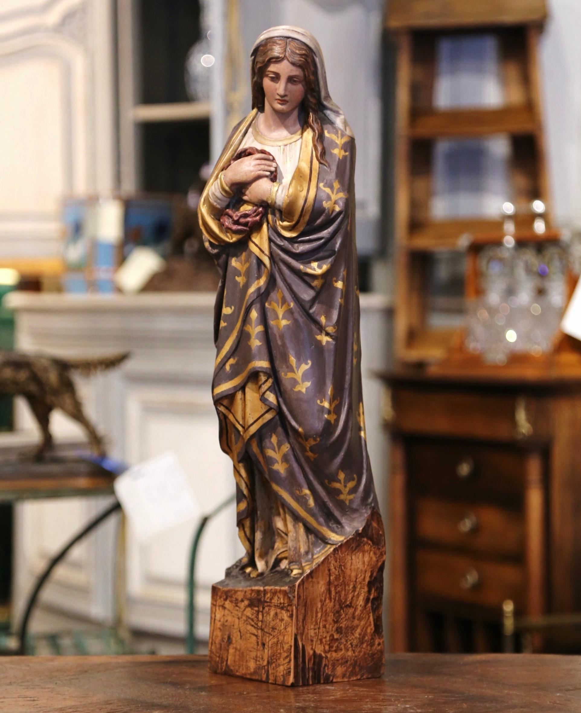 Walnut Mid-19th Century French Carved Giltwood and Polychrome Virgin Mary Statue