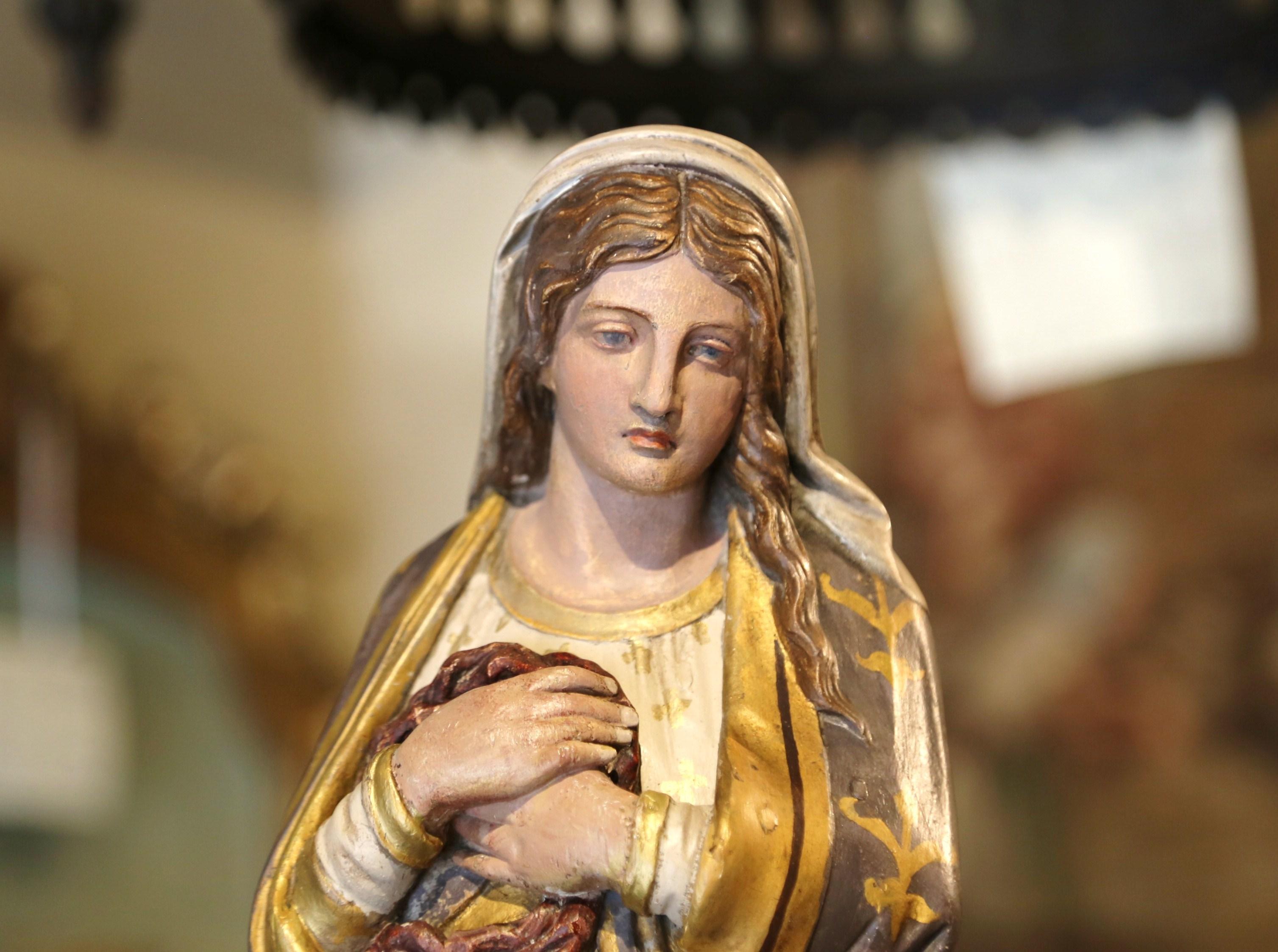 Mid-19th Century French Carved Giltwood and Polychrome Virgin Mary Statue 2