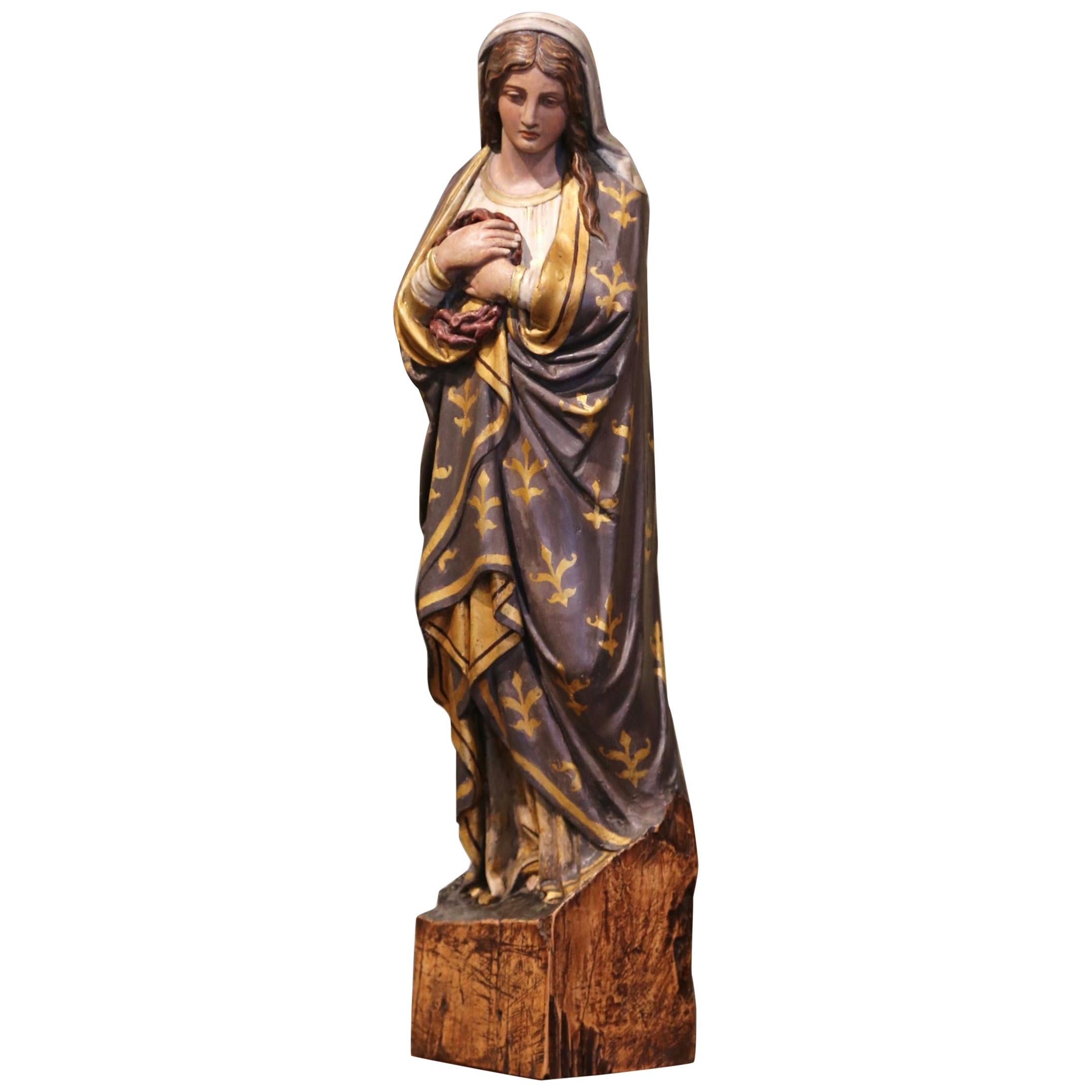 Mid-19th Century French Carved Giltwood and Polychrome Virgin Mary Statue