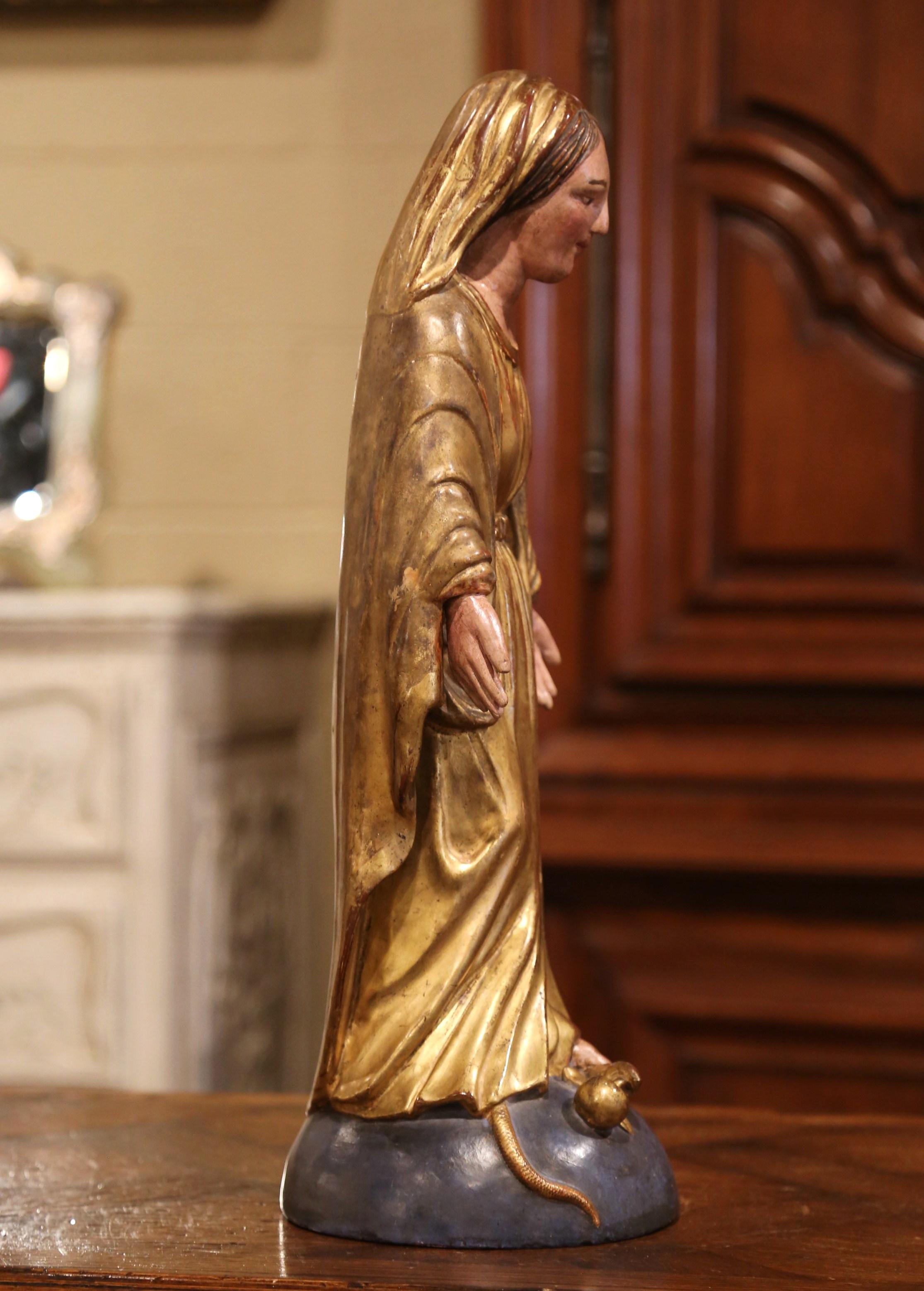 Mid-19th Century French Carved Giltwood and Polychromed Virgin Mary Statue For Sale 1