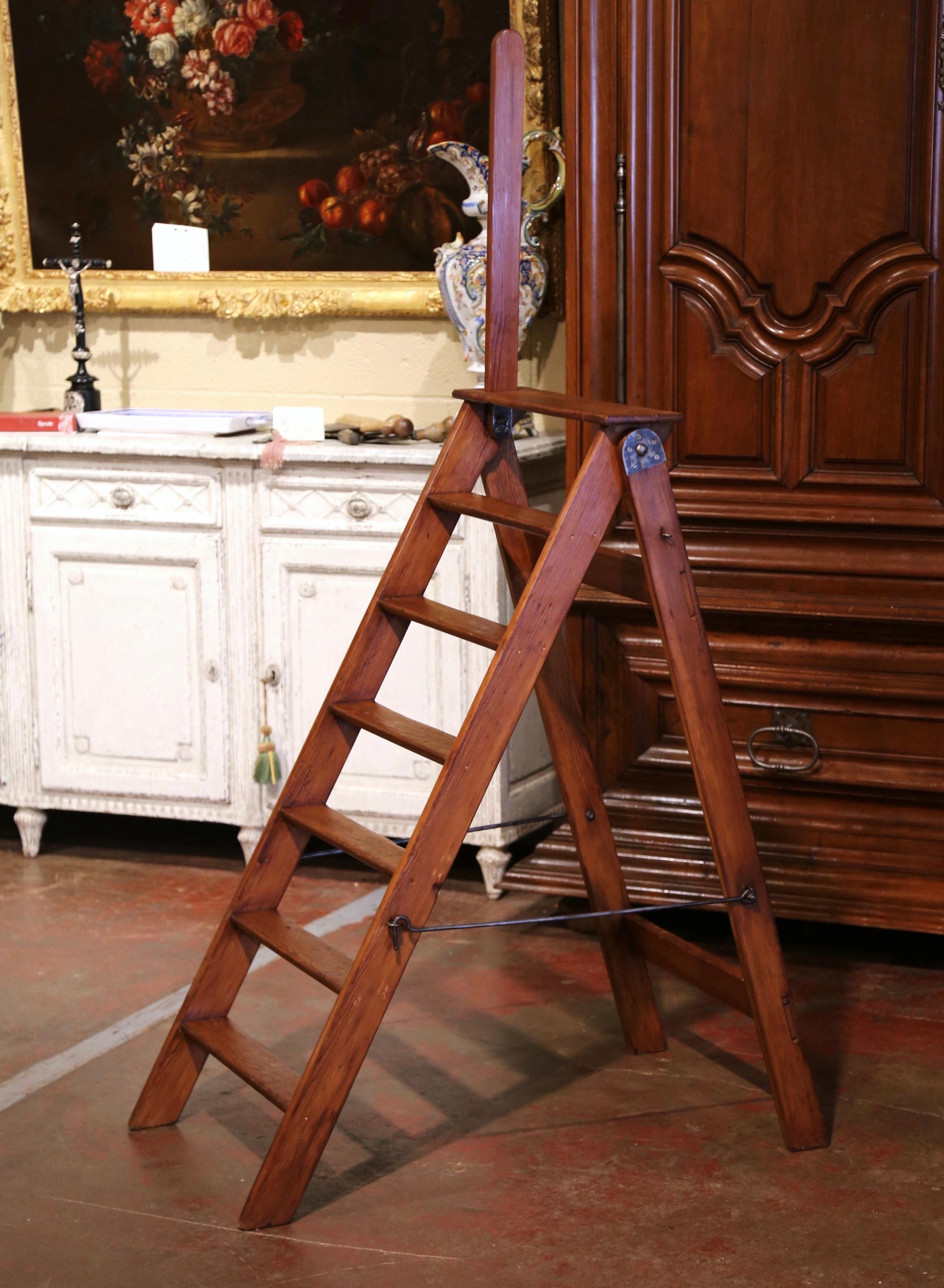 Rustic Mid-19th Century French Carved Oak and Iron Seven-Step Folding Library Ladder