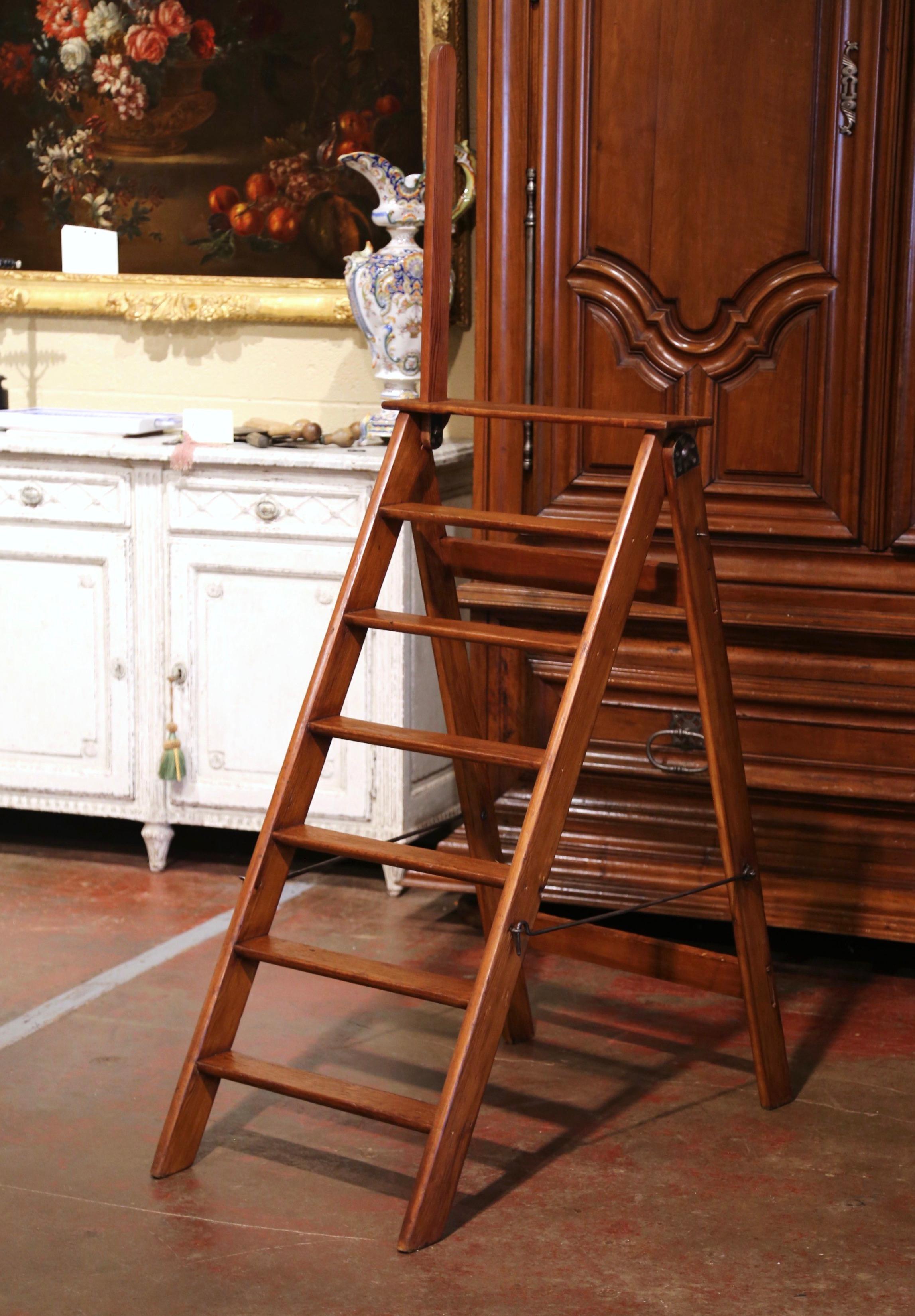 Patinated Mid-19th Century French Carved Oak and Iron Seven-Step Folding Library Ladder