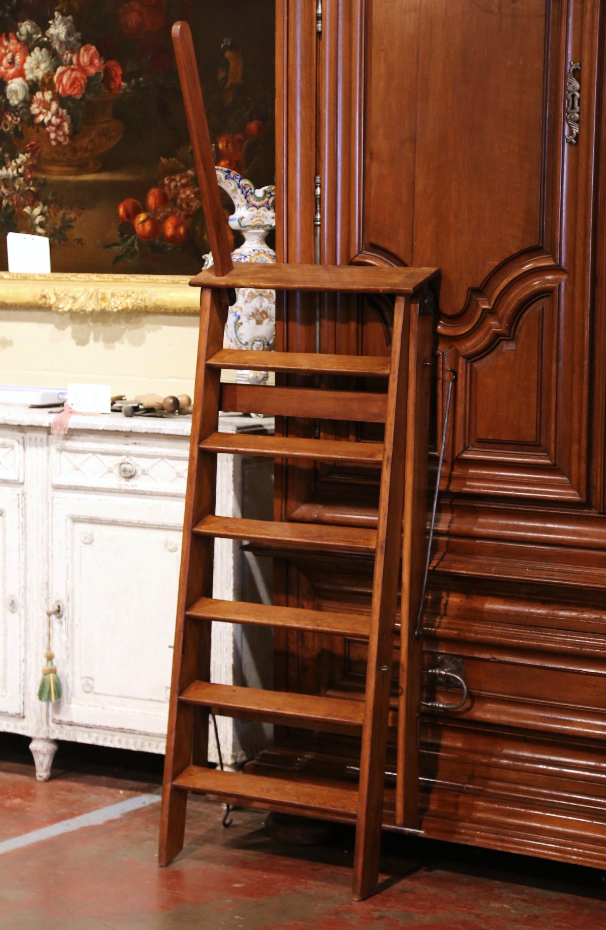 Mid-19th Century French Carved Oak and Iron Seven-Step Folding Library Ladder 1