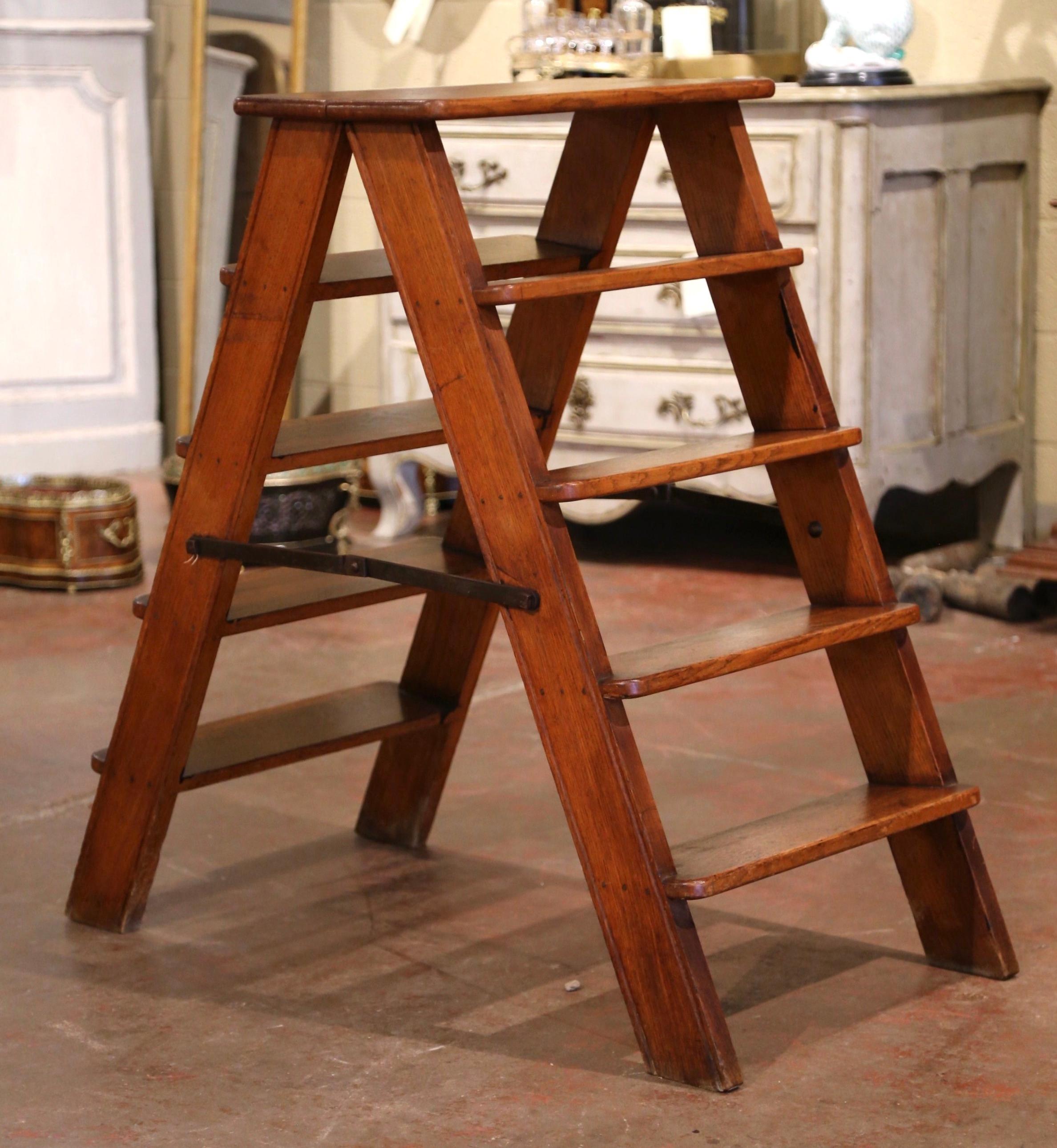 Rustic Mid-19th Century French Carved Oak and Iron Two-Side Folding Library Step Ladder