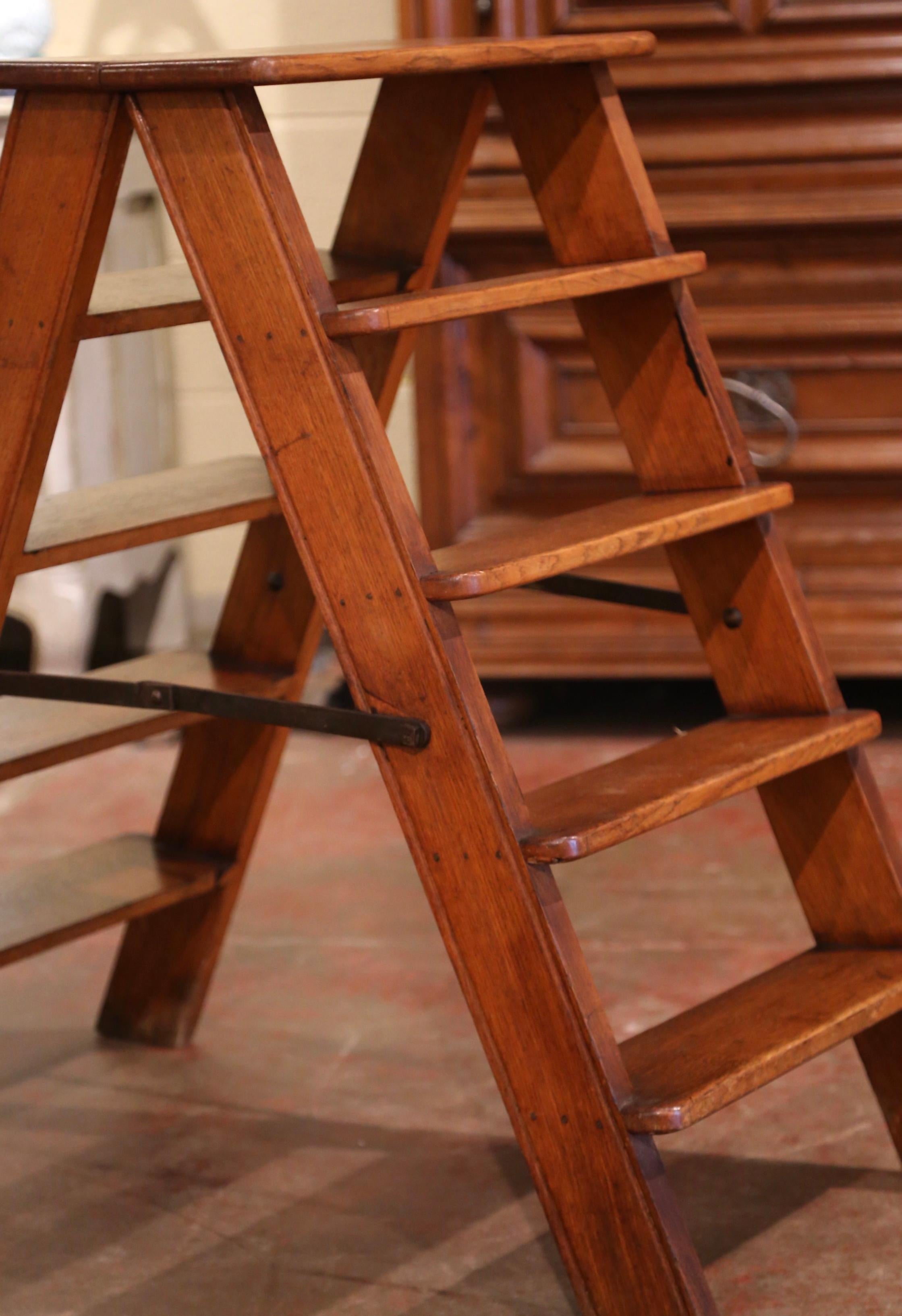 Hand-Carved Mid-19th Century French Carved Oak and Iron Two-Side Folding Library Step Ladder