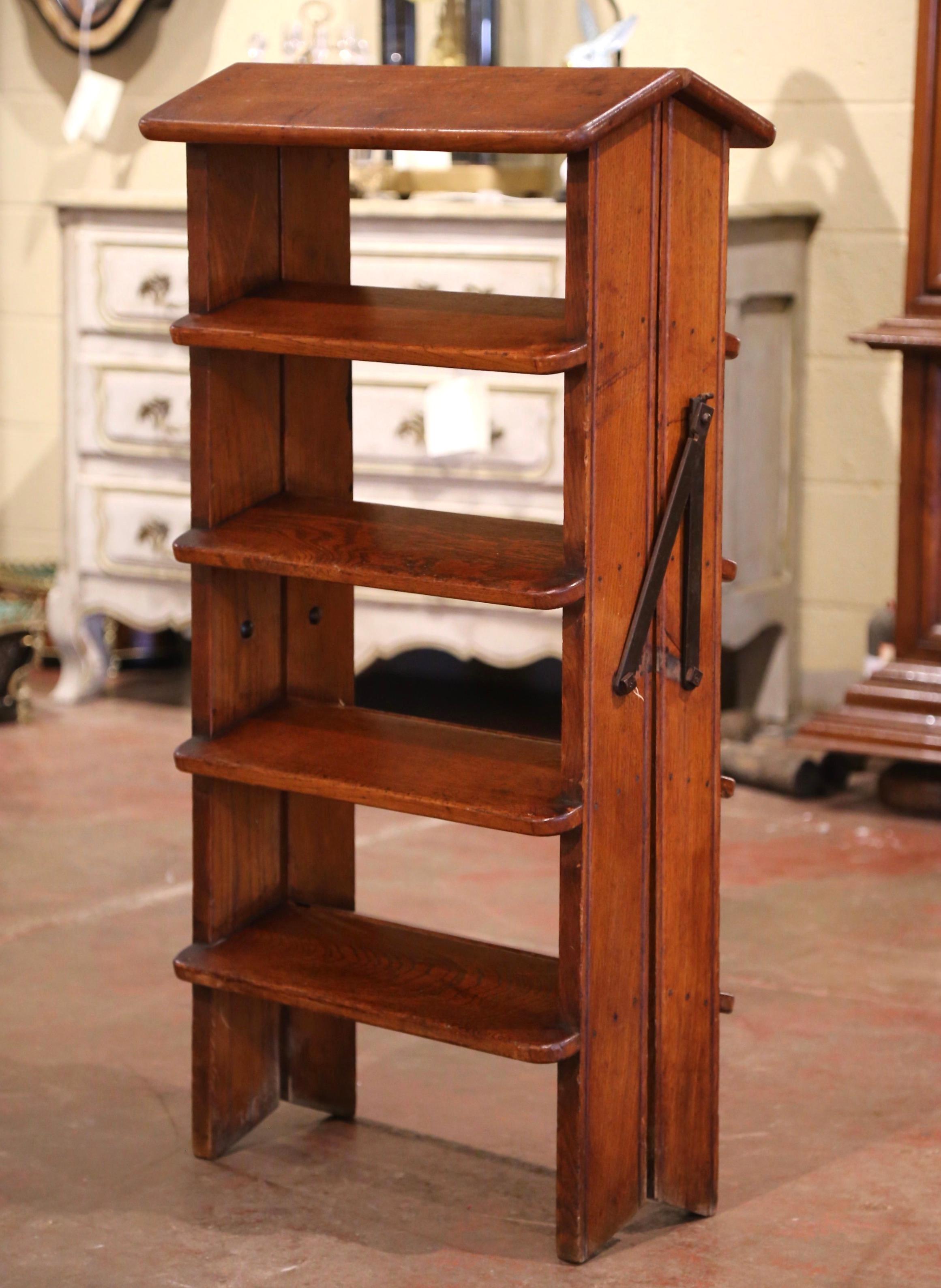 Mid-19th Century French Carved Oak and Iron Two-Side Folding Library Step Ladder 1