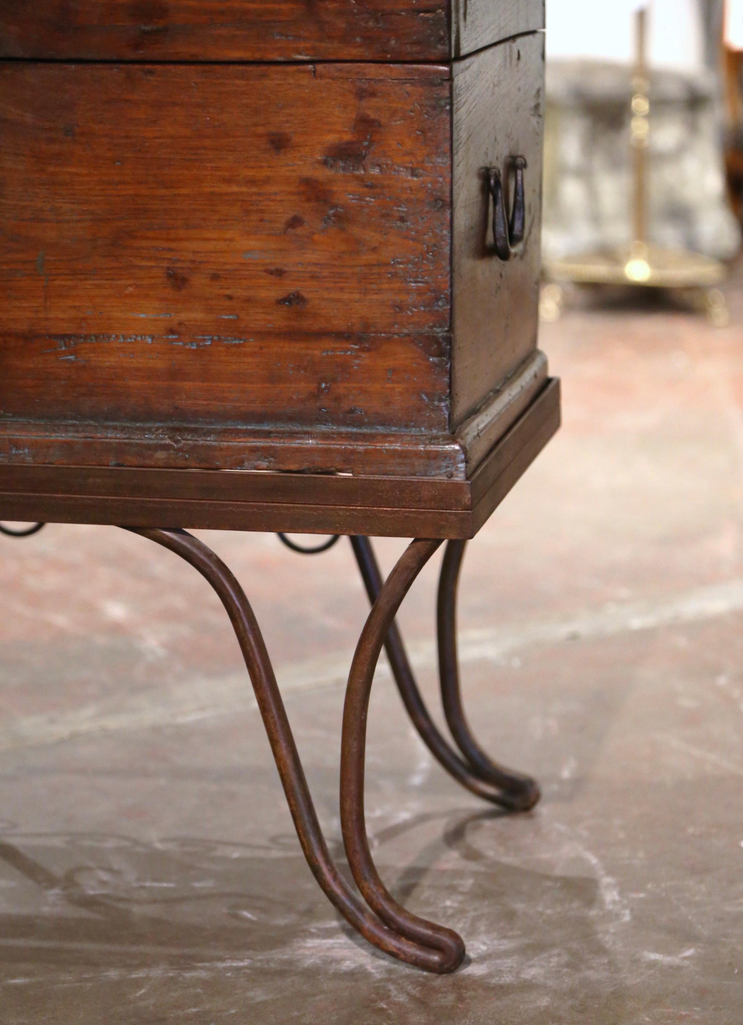 Louis XIV Mid-19th Century French Carved Oak Chest Trunk Side Table on Wrought Iron Stand For Sale