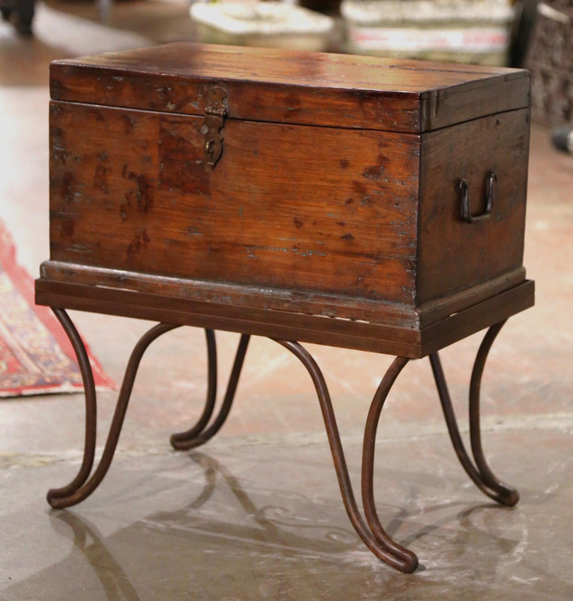 Patinated Mid-19th Century French Carved Oak Chest Trunk Side Table on Wrought Iron Stand For Sale