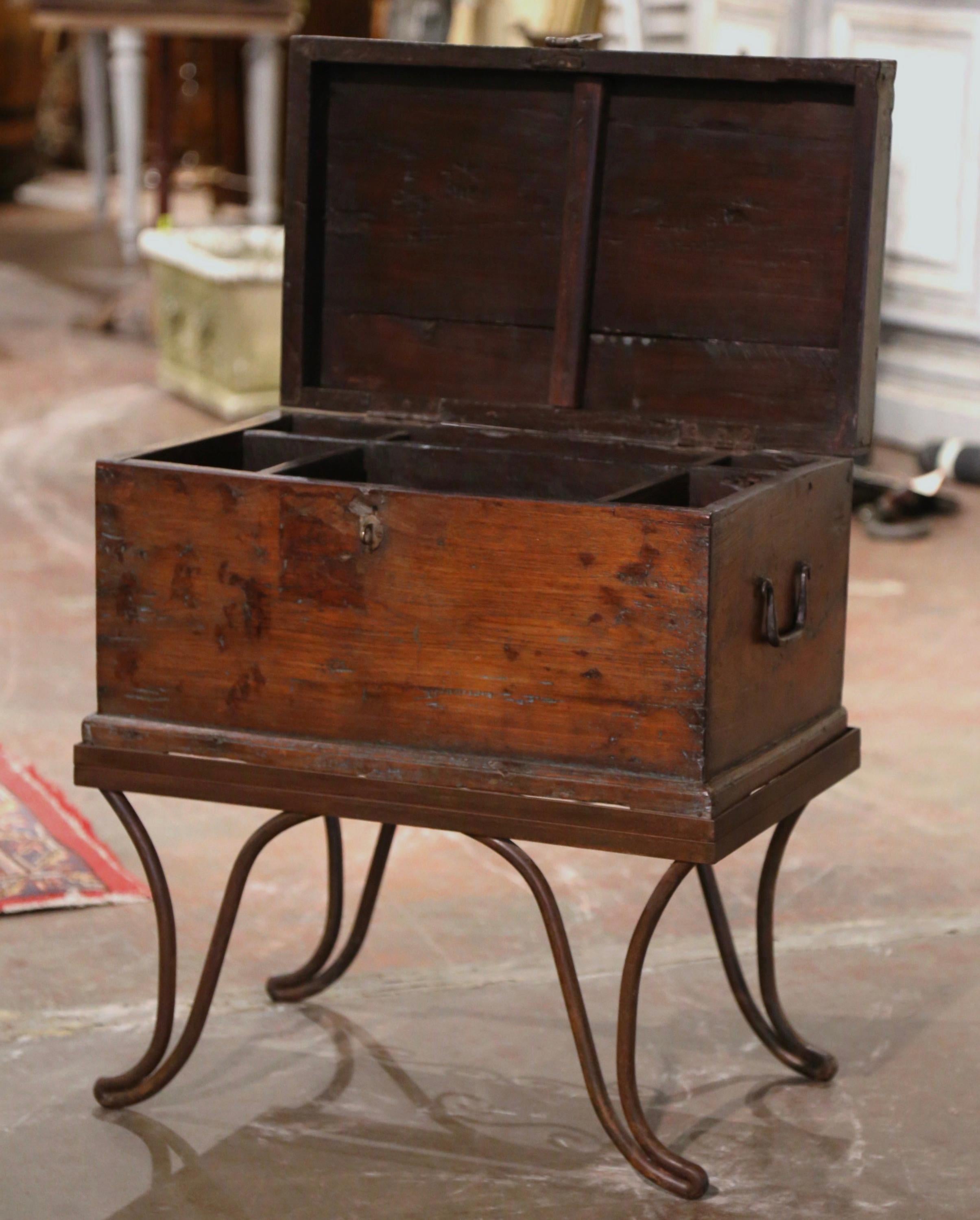 Mid-19th Century French Carved Oak Chest Trunk Side Table on Wrought Iron Stand In Excellent Condition For Sale In Dallas, TX