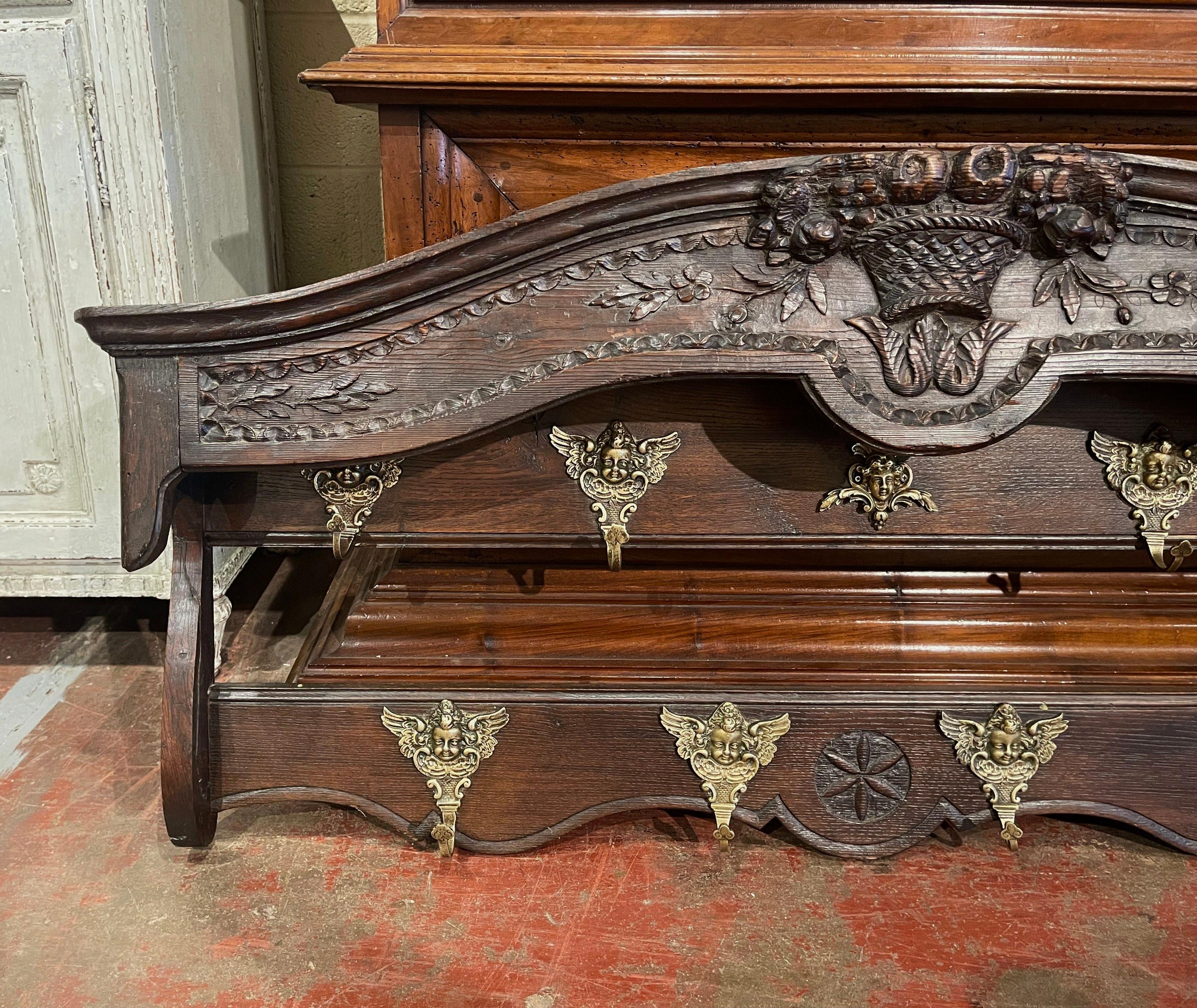 Louis XV Mid-19th Century French Carved Oak Hanging Shelf with Hooks from Normandy For Sale