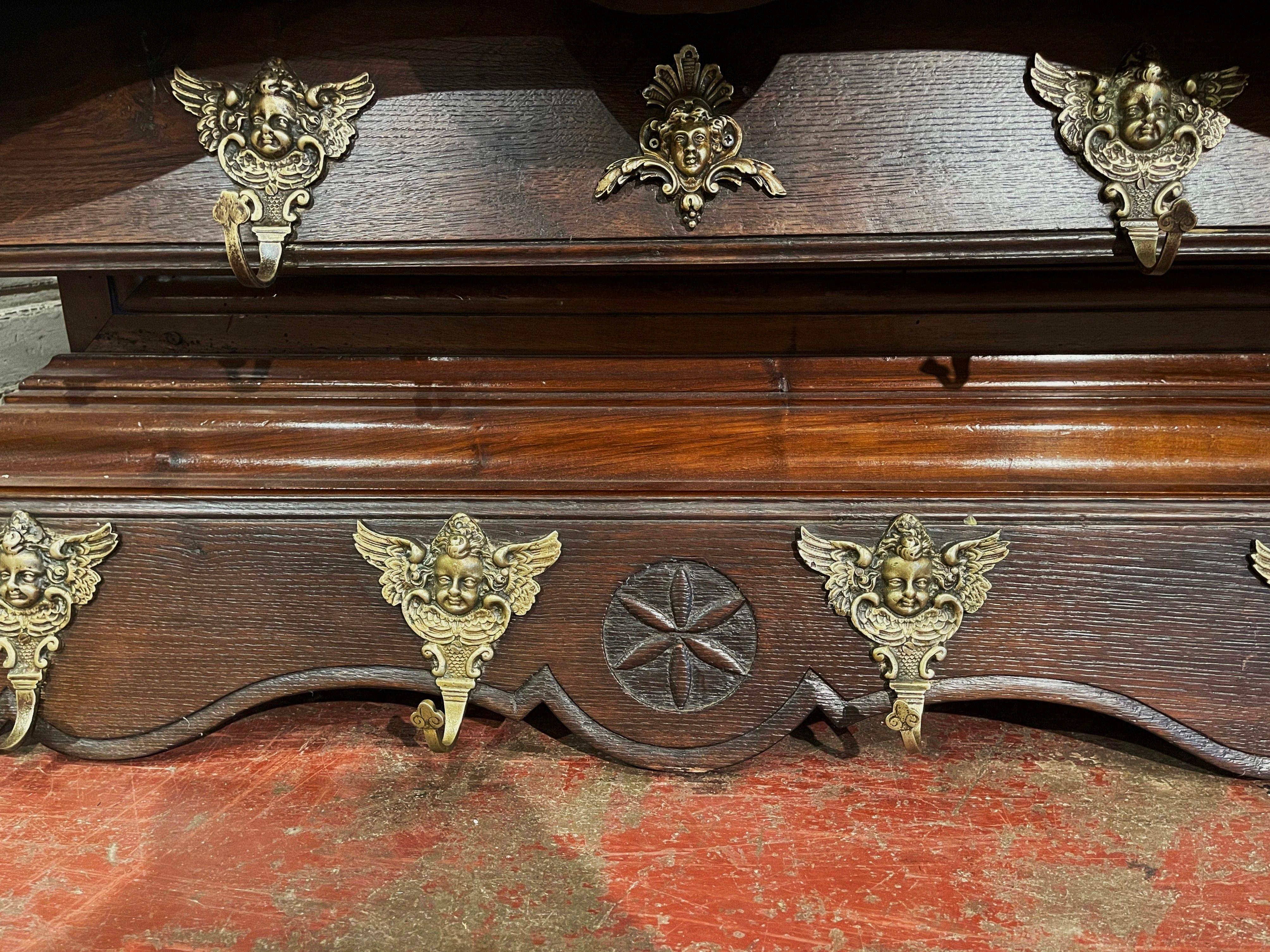 Mid-19th Century French Carved Oak Hanging Shelf with Hooks from Normandy For Sale 1