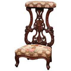 Used Mid-19th Century French Carved Oak Prayer Bench or Prie-Dieu with Needlepoint