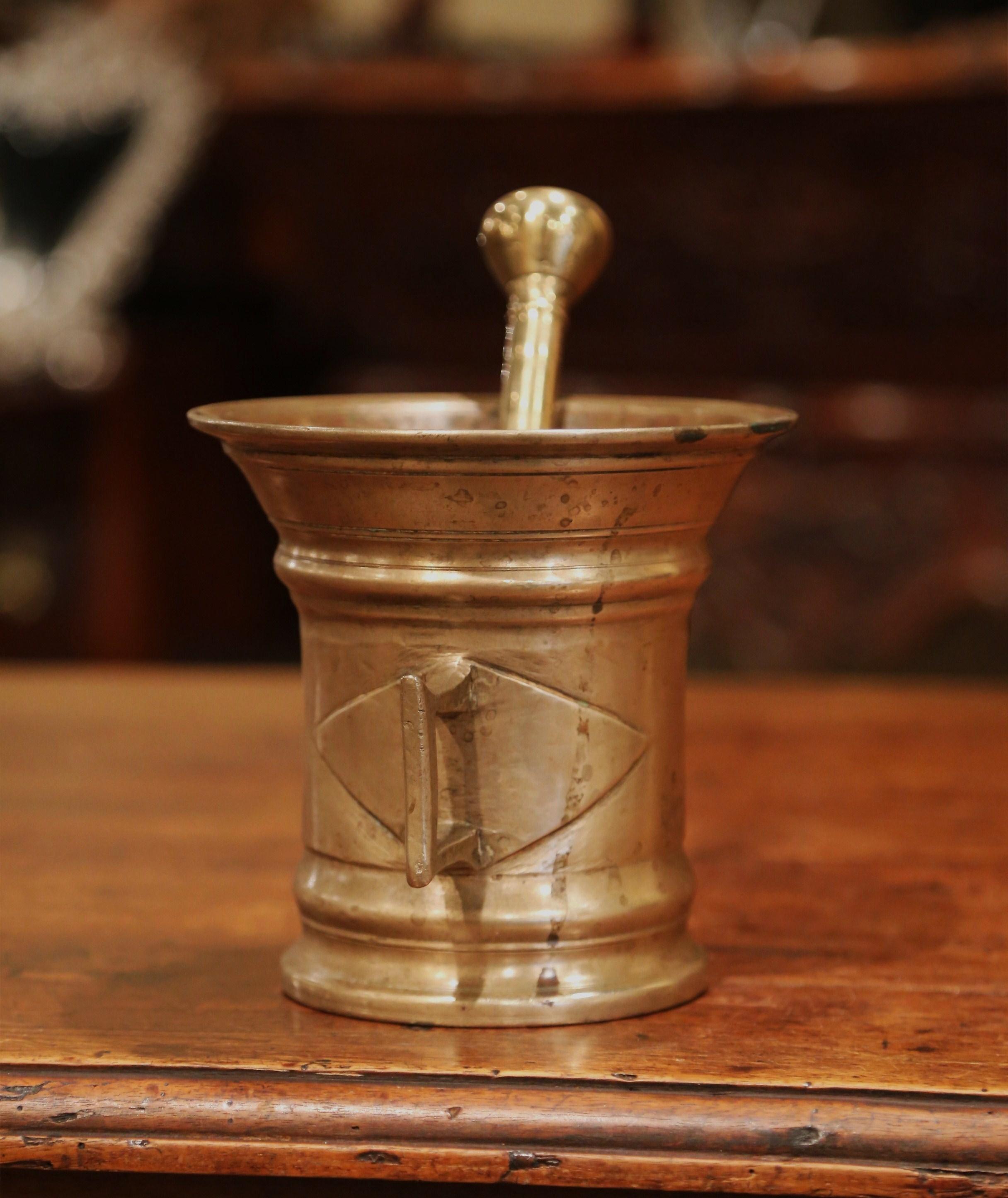 Hand-Crafted Mid-19th Century French Carved Patinated Bronze Mortar with Pestle