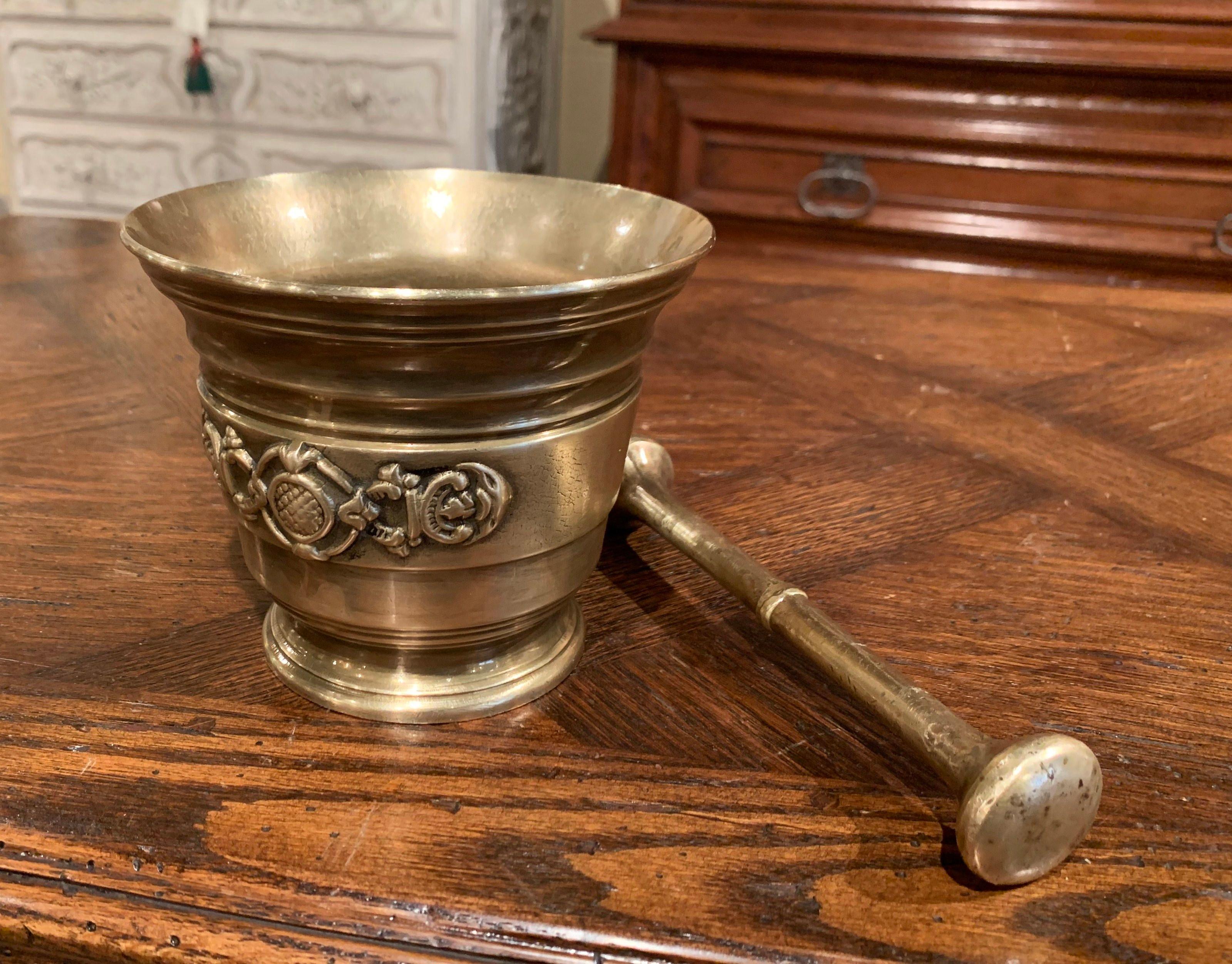 18th Century Mid-19th Century French Carved Patinated Bronze Mortar with Pestle