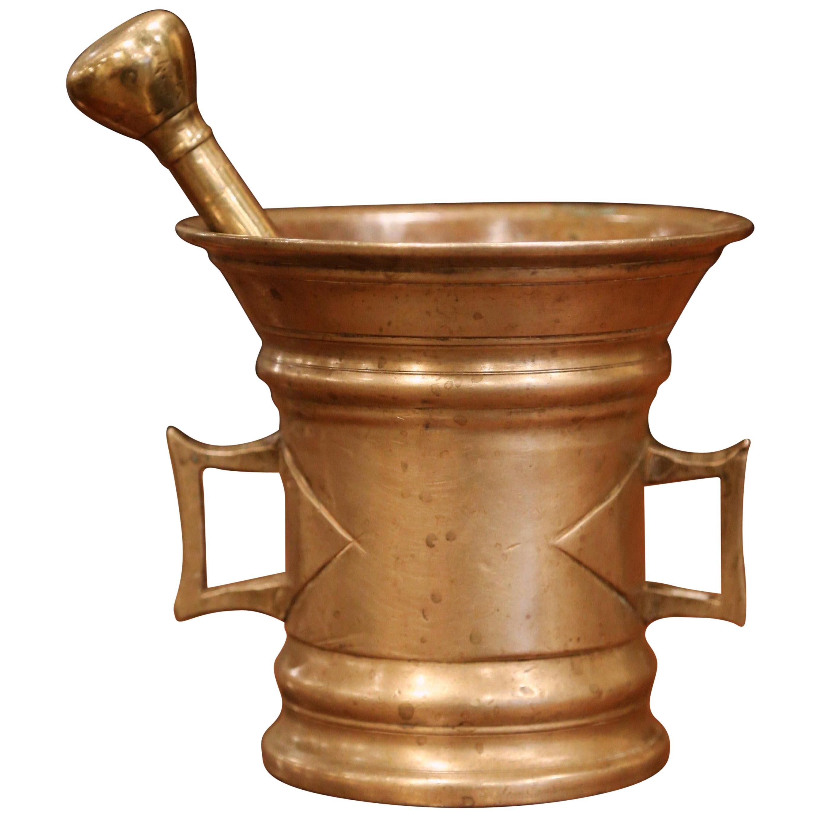 Mid-19th Century French Carved Patinated Bronze Mortar with Pestle