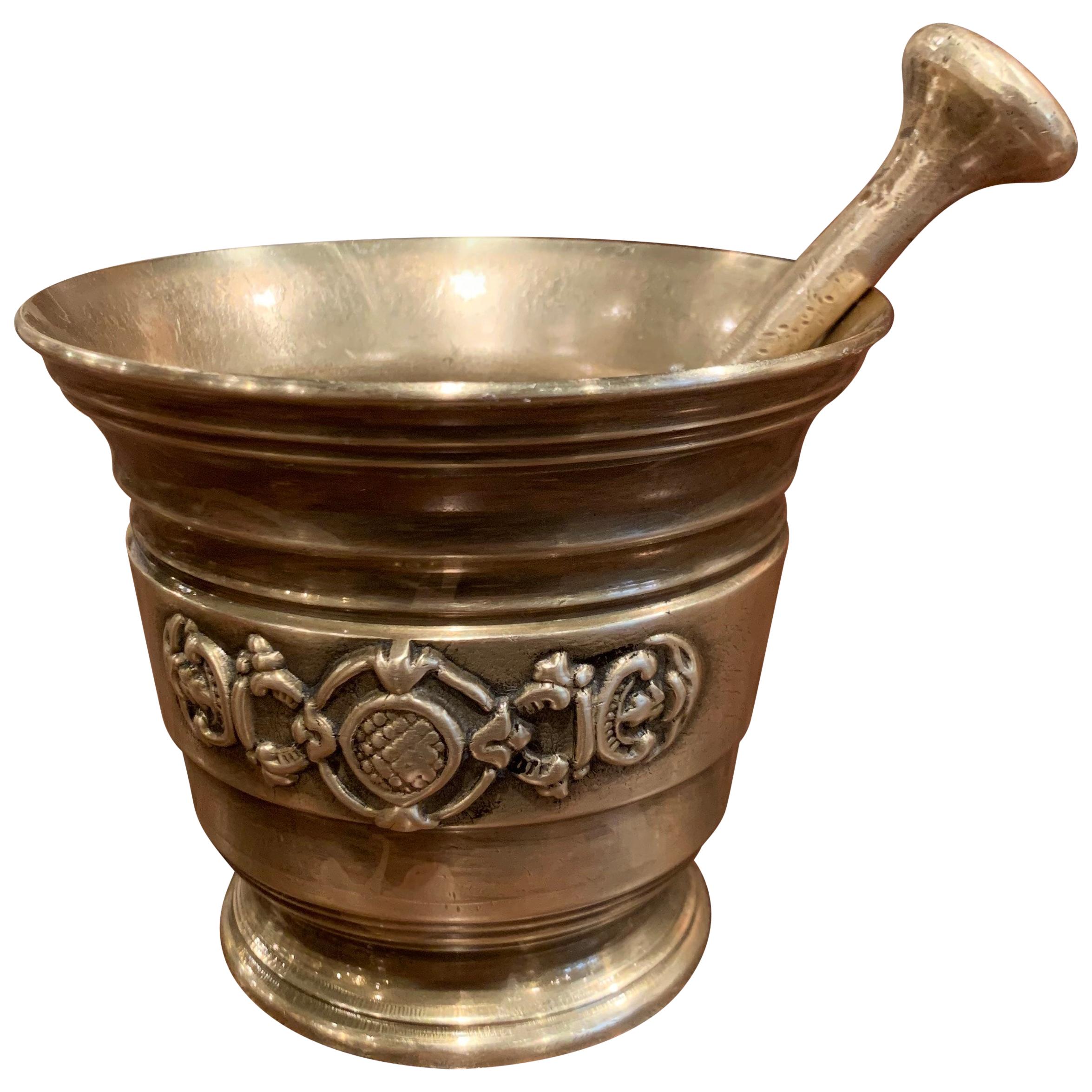 Mid-19th Century French Carved Patinated Bronze Mortar with Pestle