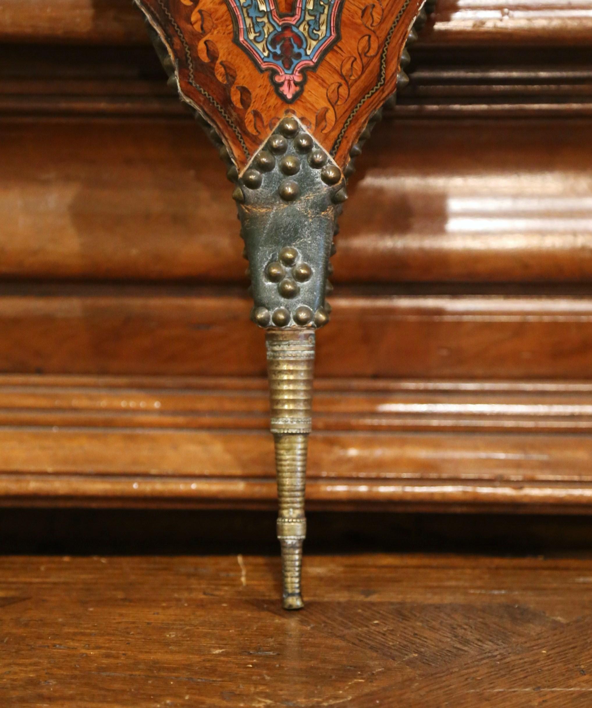 Hand-Carved Mid-19th Century French Carved Rosewood, Brass and Leather Fireplace Bellows