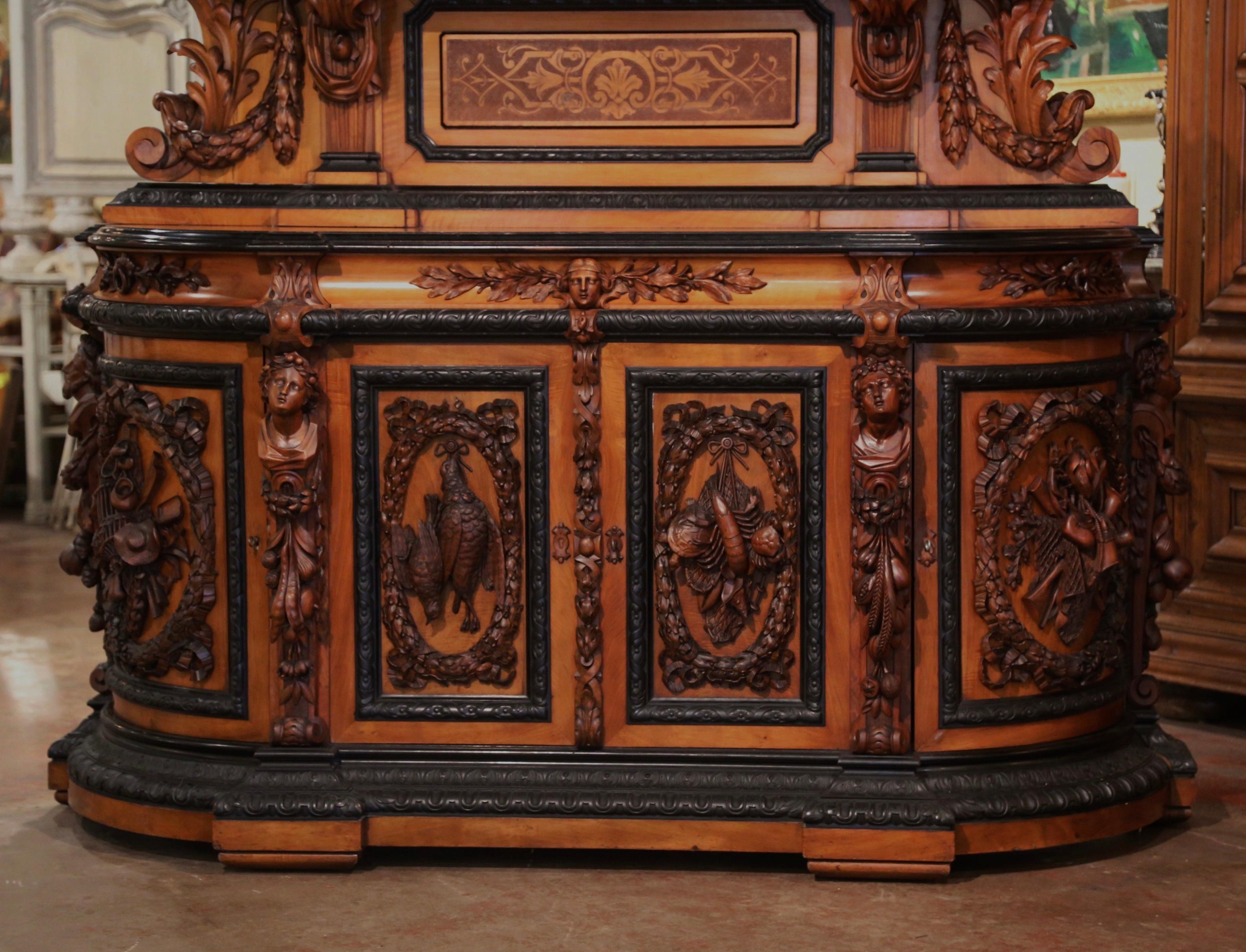 Black Forest Mid-19th Century French Carved Rosewood Hunt Buffet with Bird and Fruit Motifs
