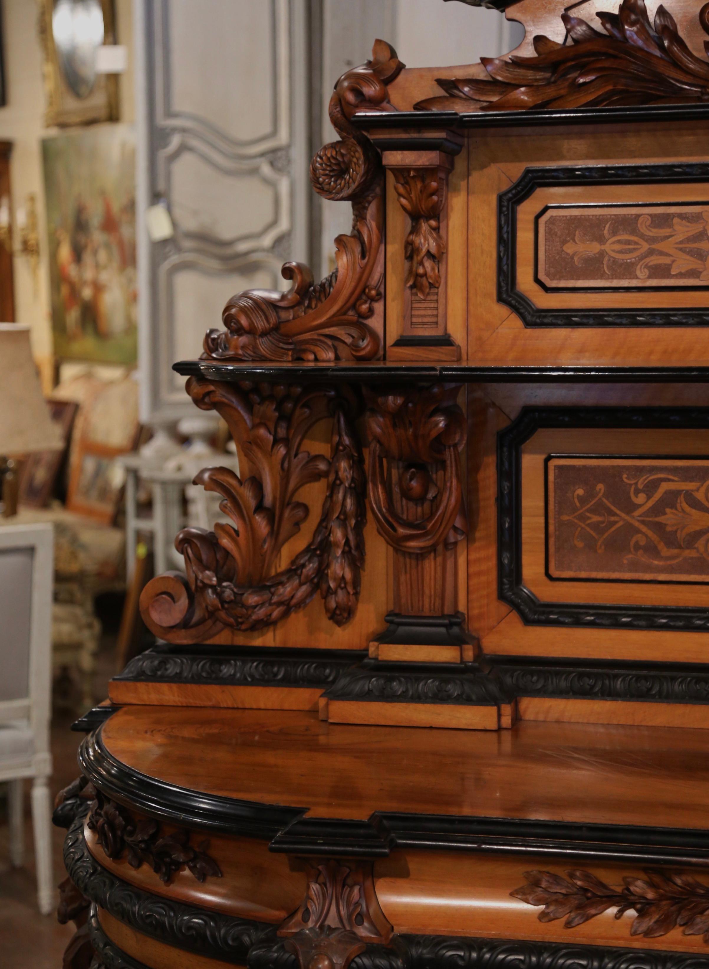 Hand-Carved Mid-19th Century French Carved Rosewood Hunt Buffet with Bird and Fruit Motifs