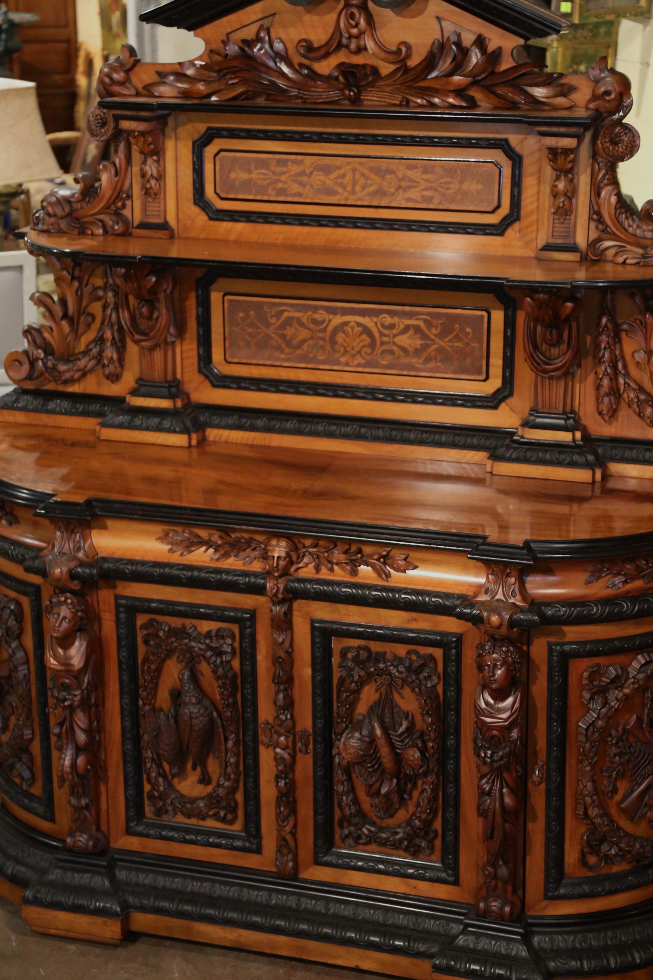 Mid-19th Century French Carved Rosewood Hunt Buffet with Bird and Fruit Motifs In Excellent Condition In Dallas, TX