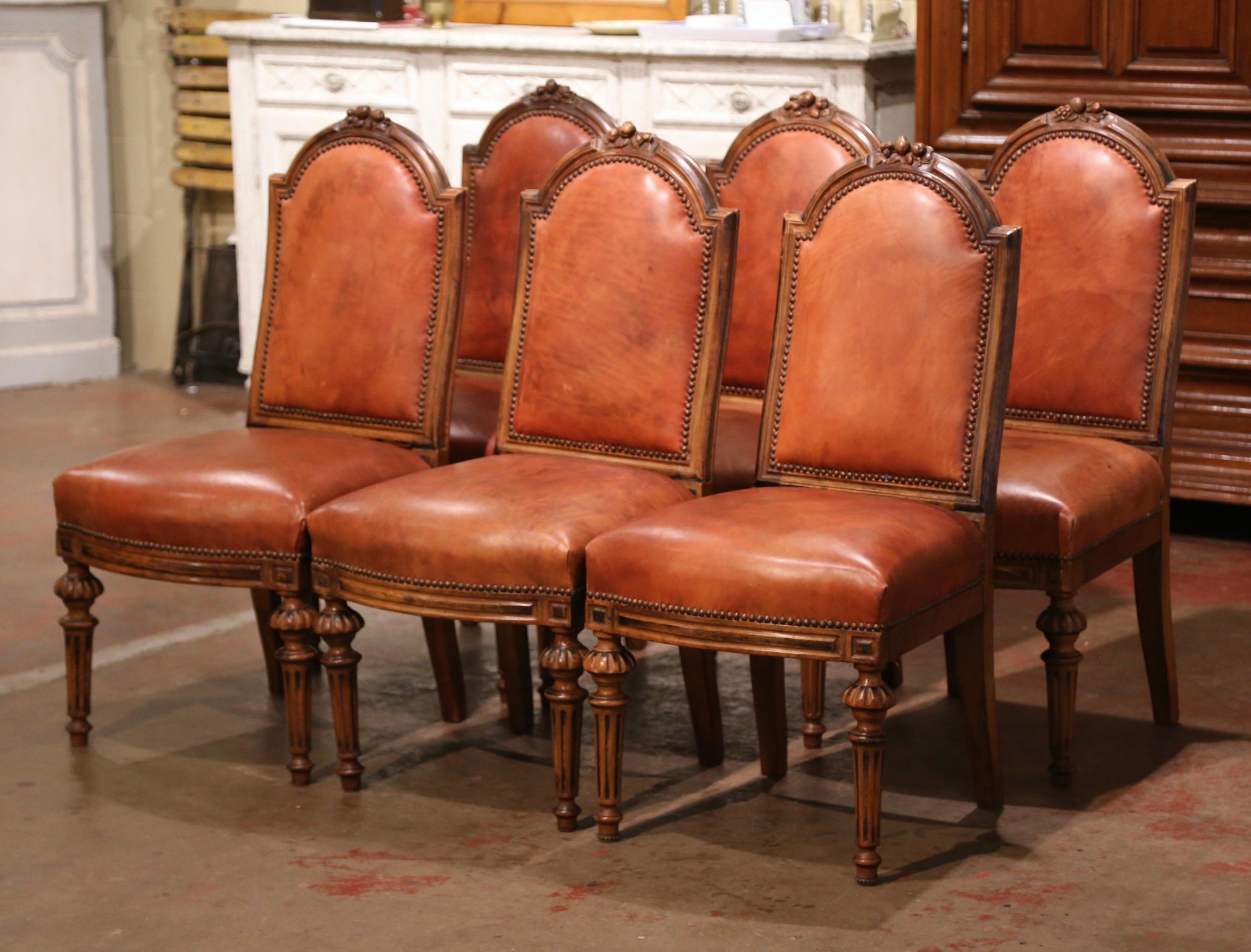 Louis XIII Mid-19th Century French Carved Walnut and Leather Dining Chairs, Set of Six