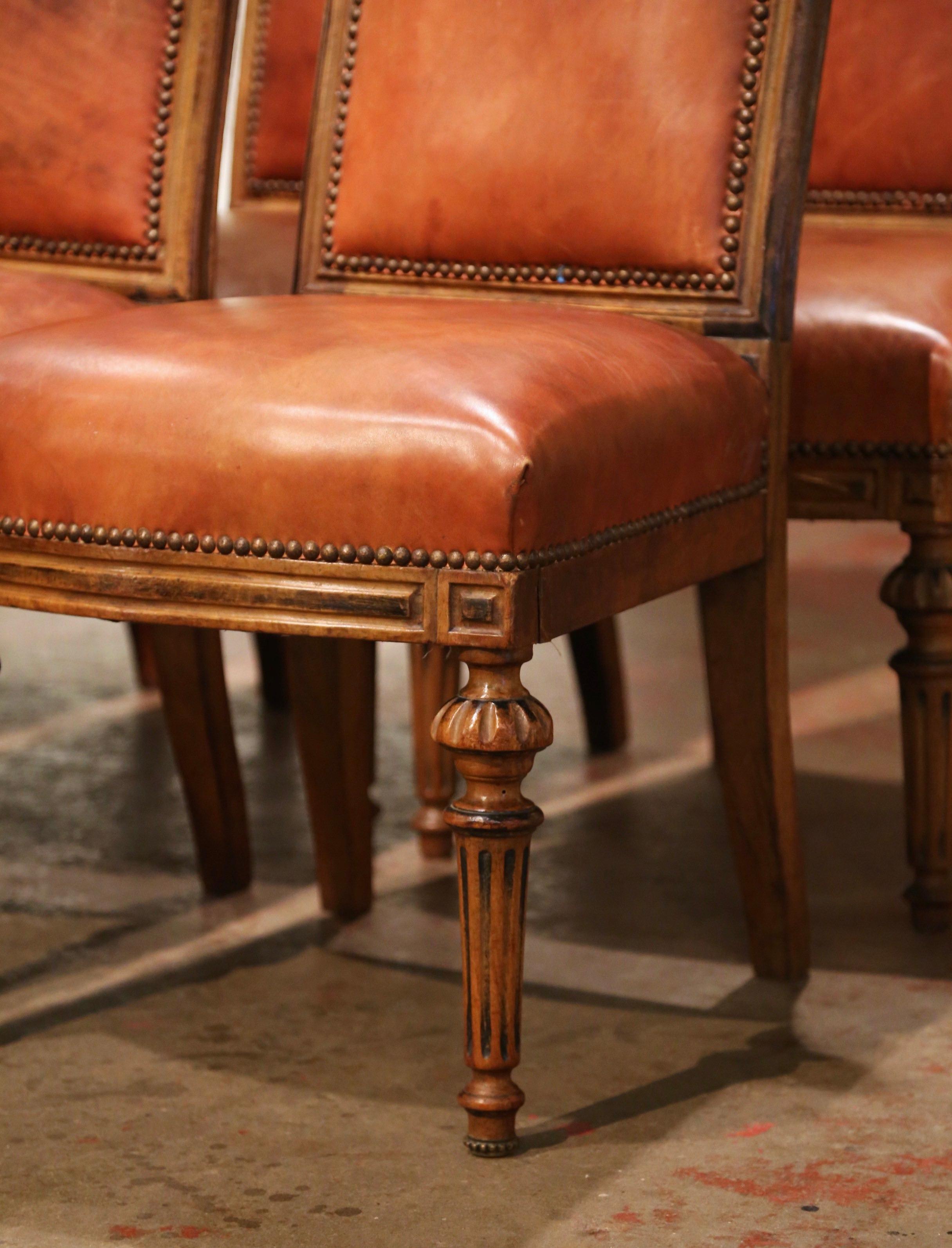 Hand-Carved Mid-19th Century French Carved Walnut and Leather Dining Chairs, Set of Six