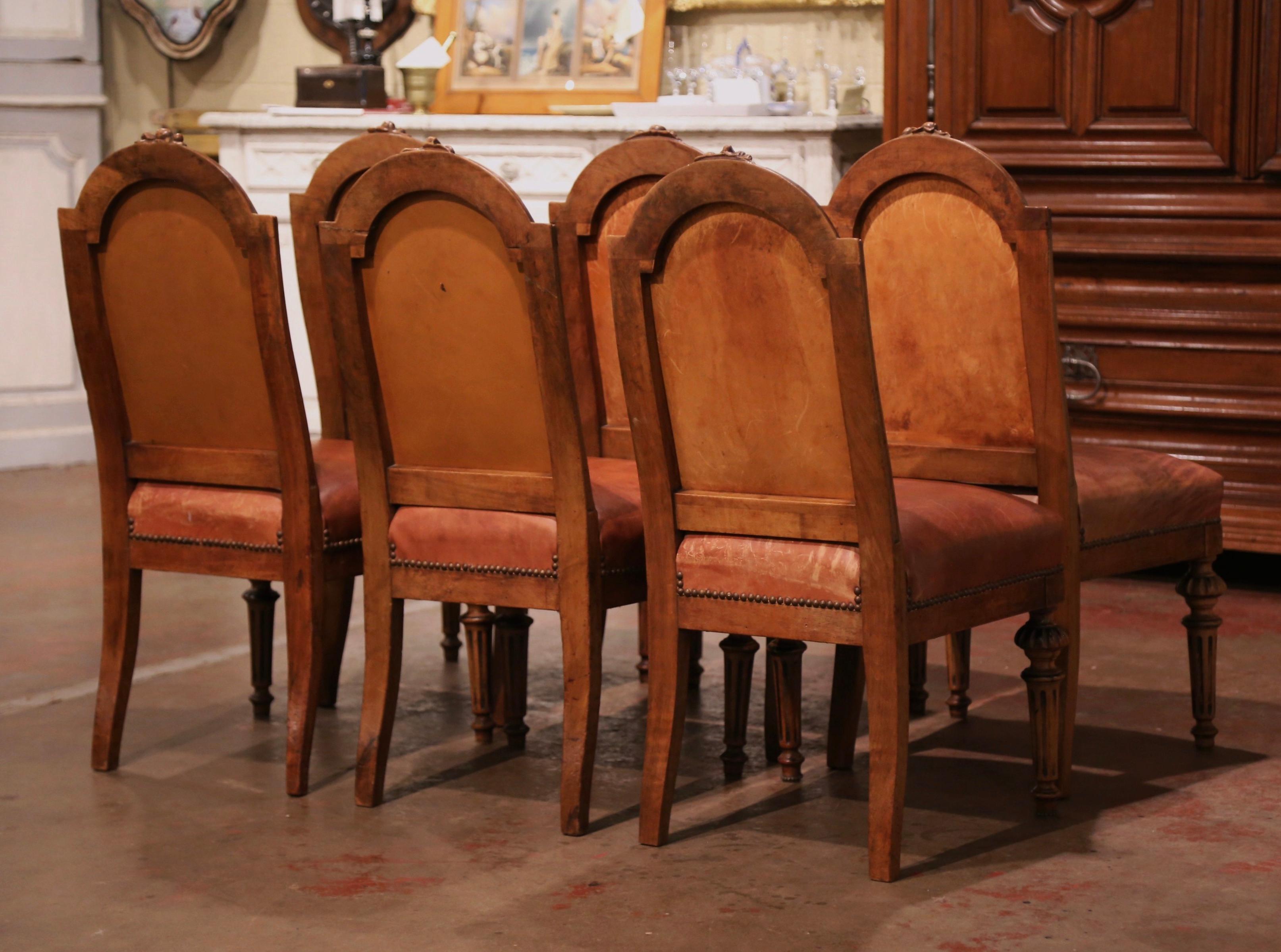 Mid-19th Century French Carved Walnut and Leather Dining Chairs, Set of Six 2