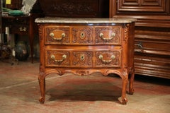 Mid-19th Century French Marble Top Carved Walnut Bombe Commode Chest of Drawers