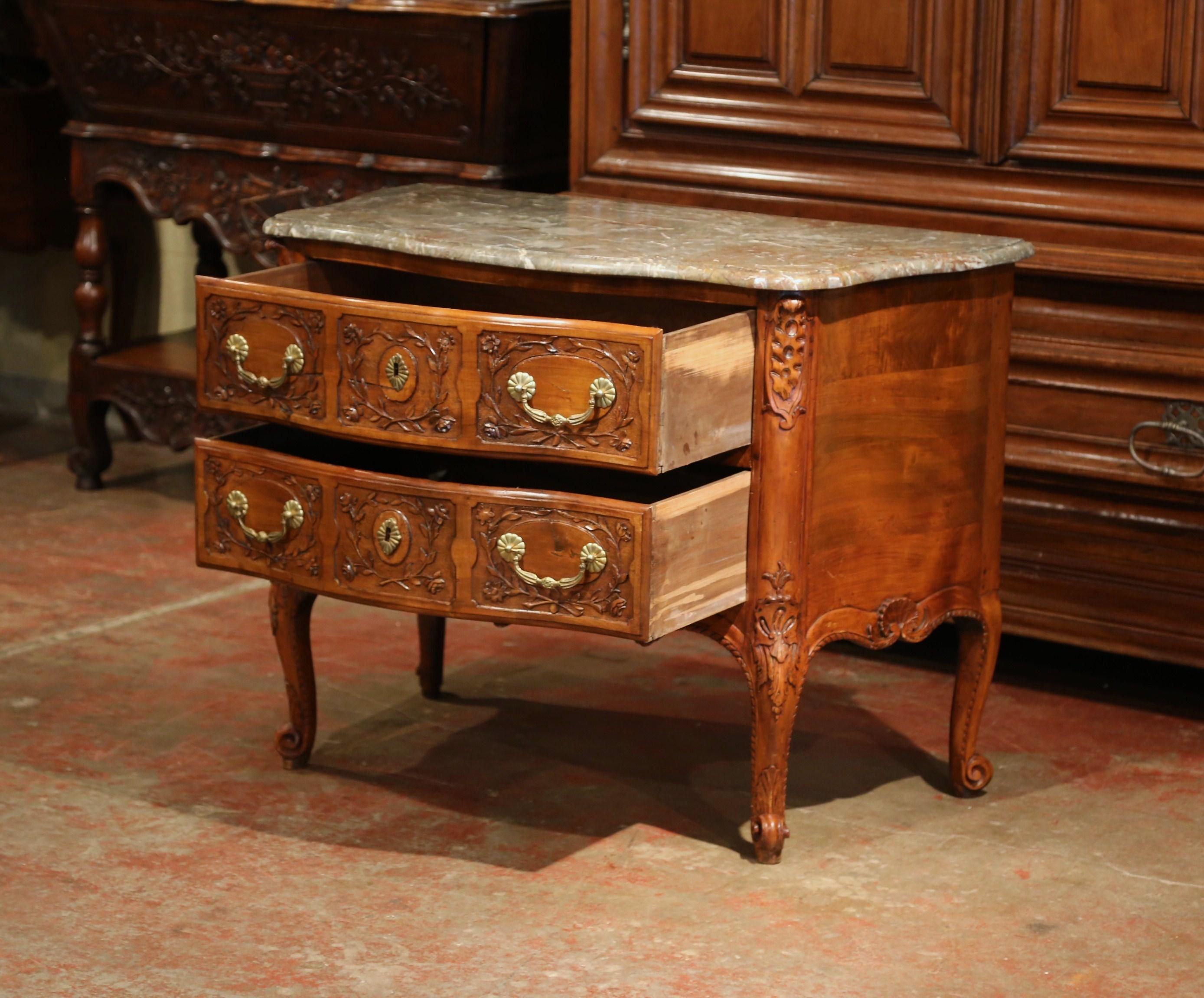 Hand-Carved Mid-19th Century French Marble Top Carved Walnut Bombe Commode Chest of Drawers
