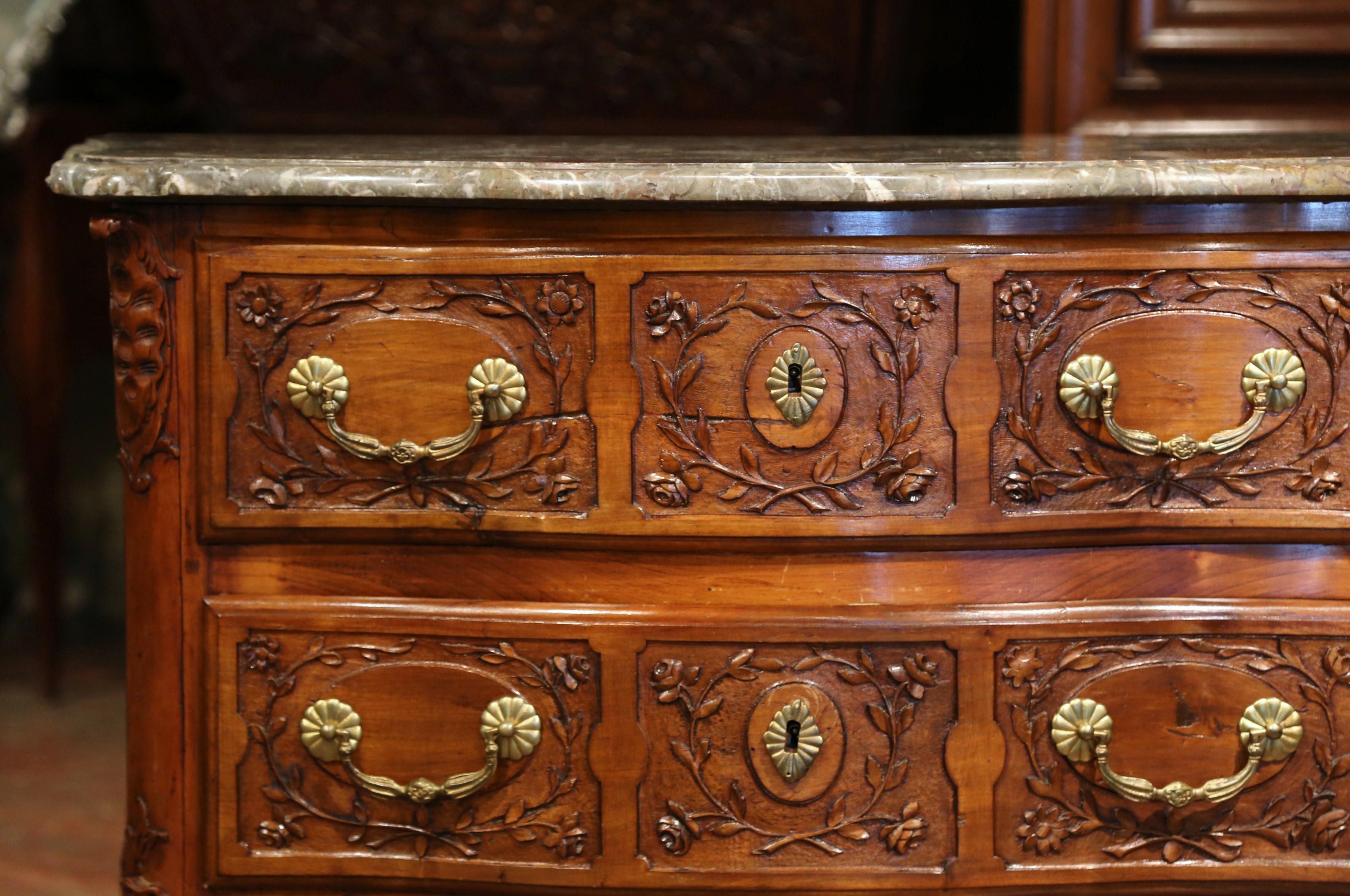 Mid-19th Century French Marble Top Carved Walnut Bombe Commode Chest of Drawers In Excellent Condition In Dallas, TX