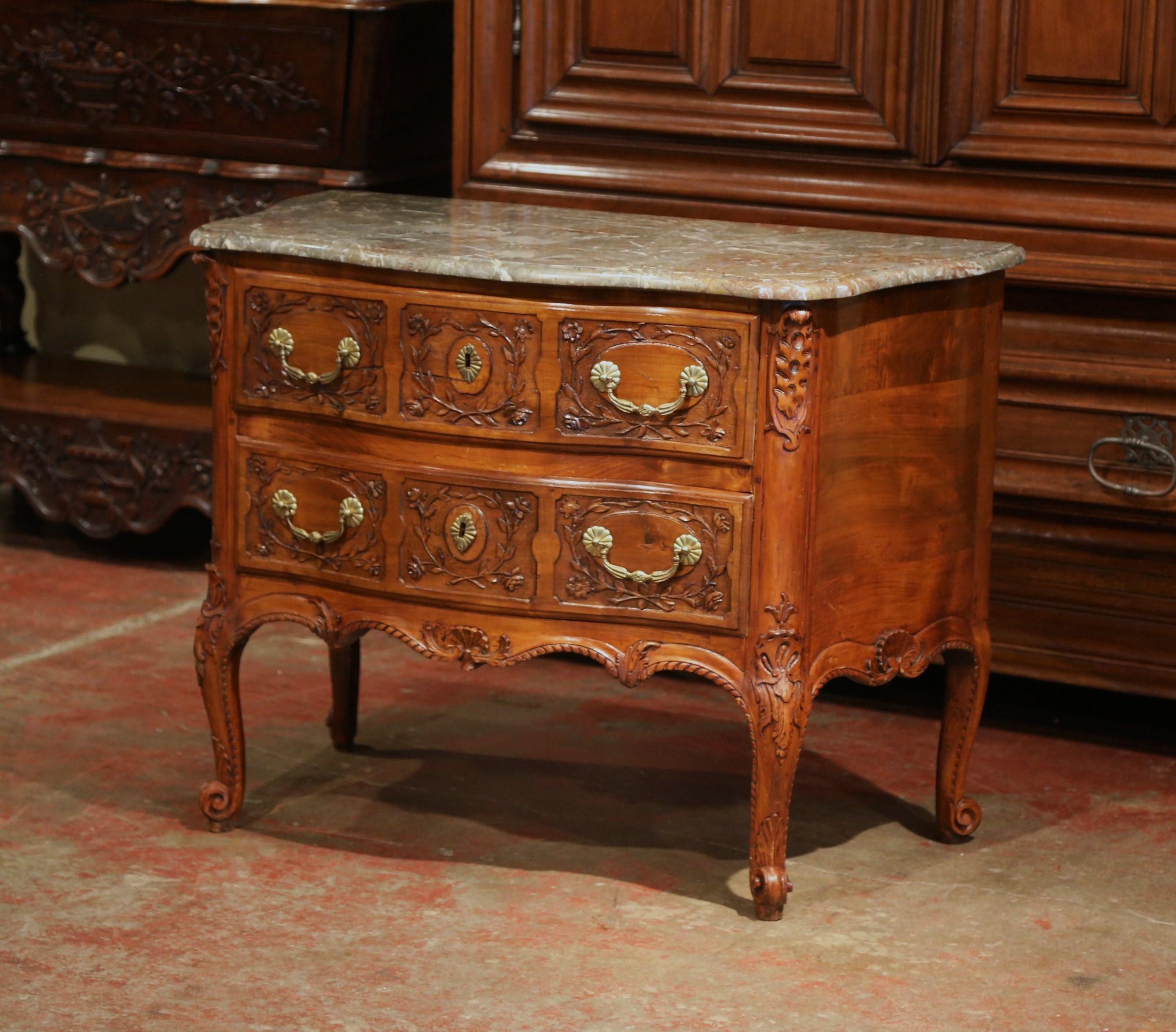 Mid-19th Century French Marble Top Carved Walnut Bombe Commode Chest of Drawers 1