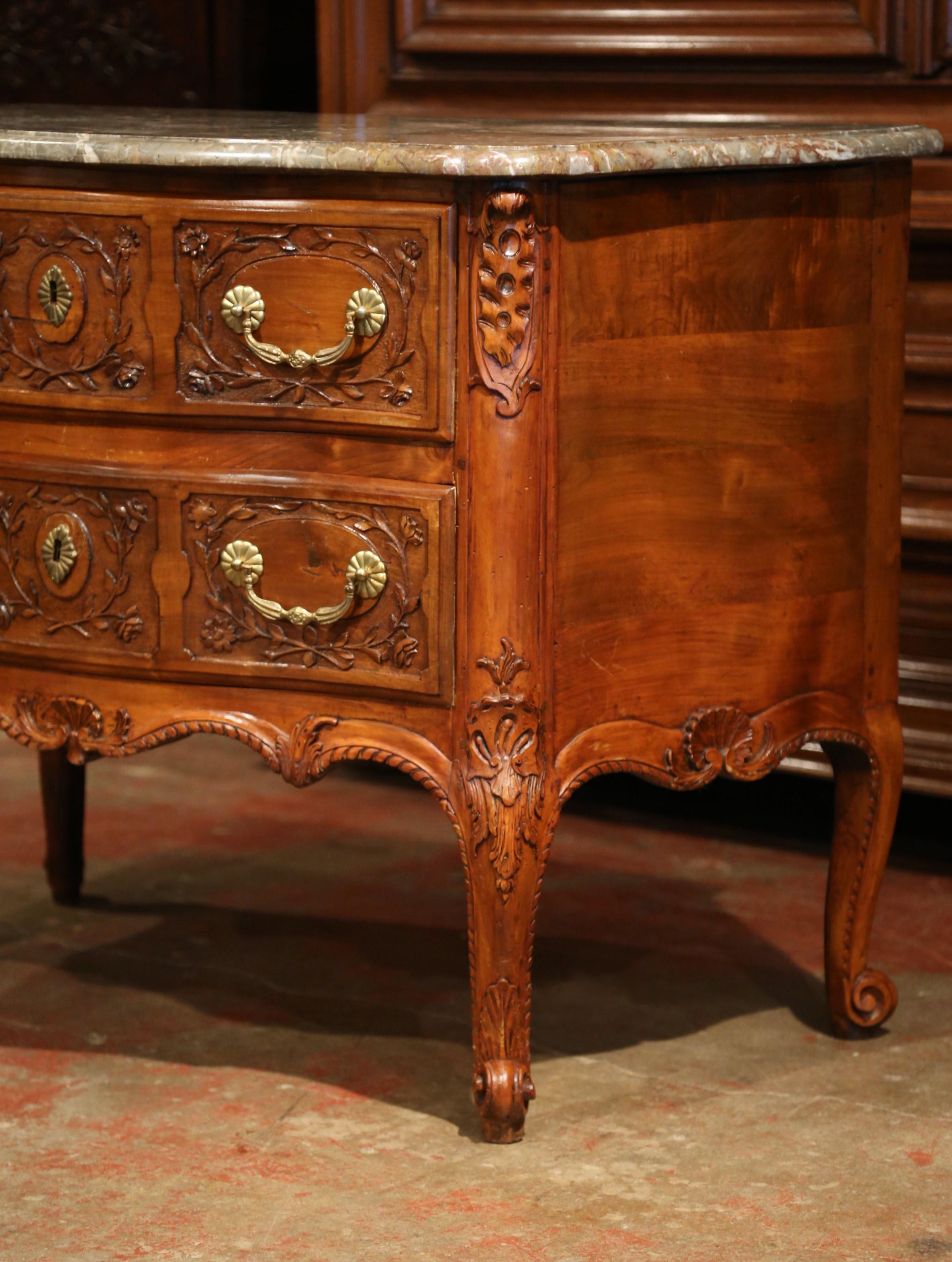 Mid-19th Century French Marble Top Carved Walnut Bombe Commode Chest of Drawers 2