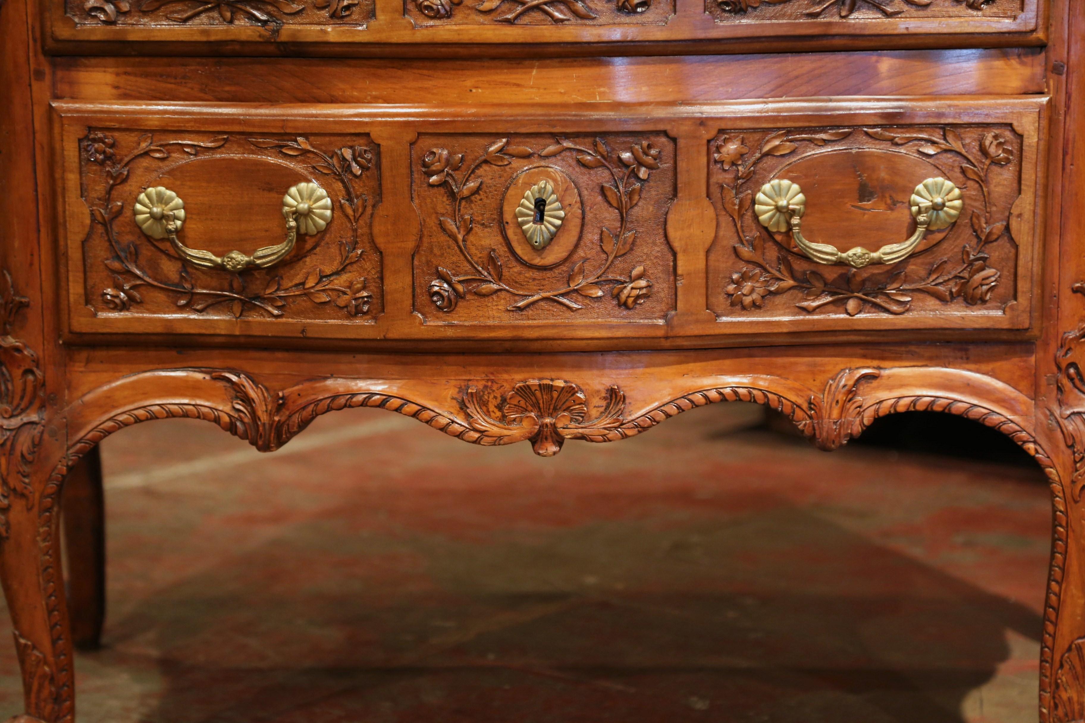 Mid-19th Century French Marble Top Carved Walnut Bombe Commode Chest of Drawers 3