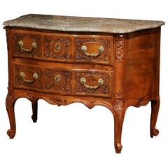 Mid-19th Century French Marble Top Carved Walnut Bombe Commode Chest of Drawers