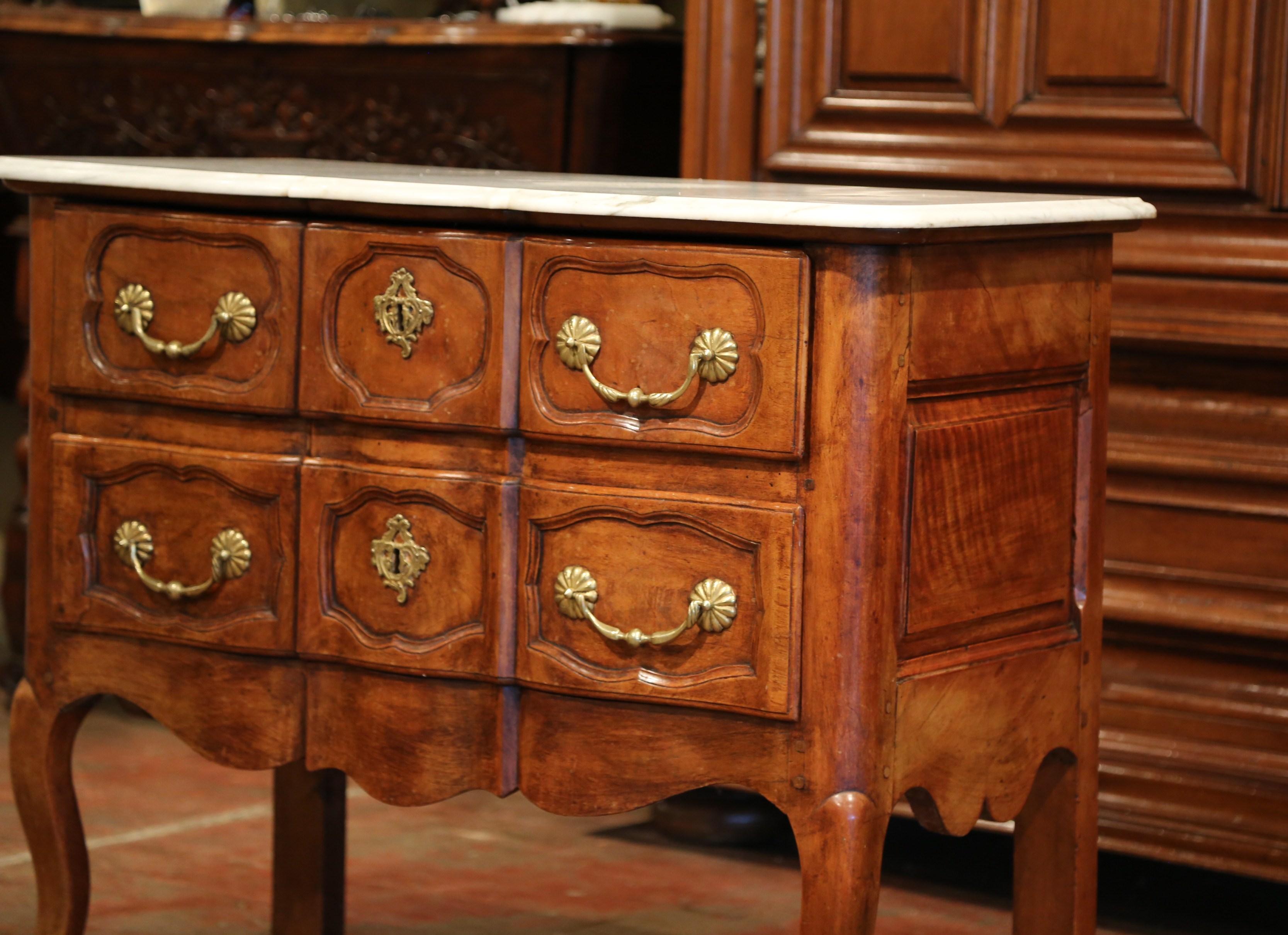 Louis XV Mid-19th Century French Carved Walnut Commode Chest of Drawers with Marble Top