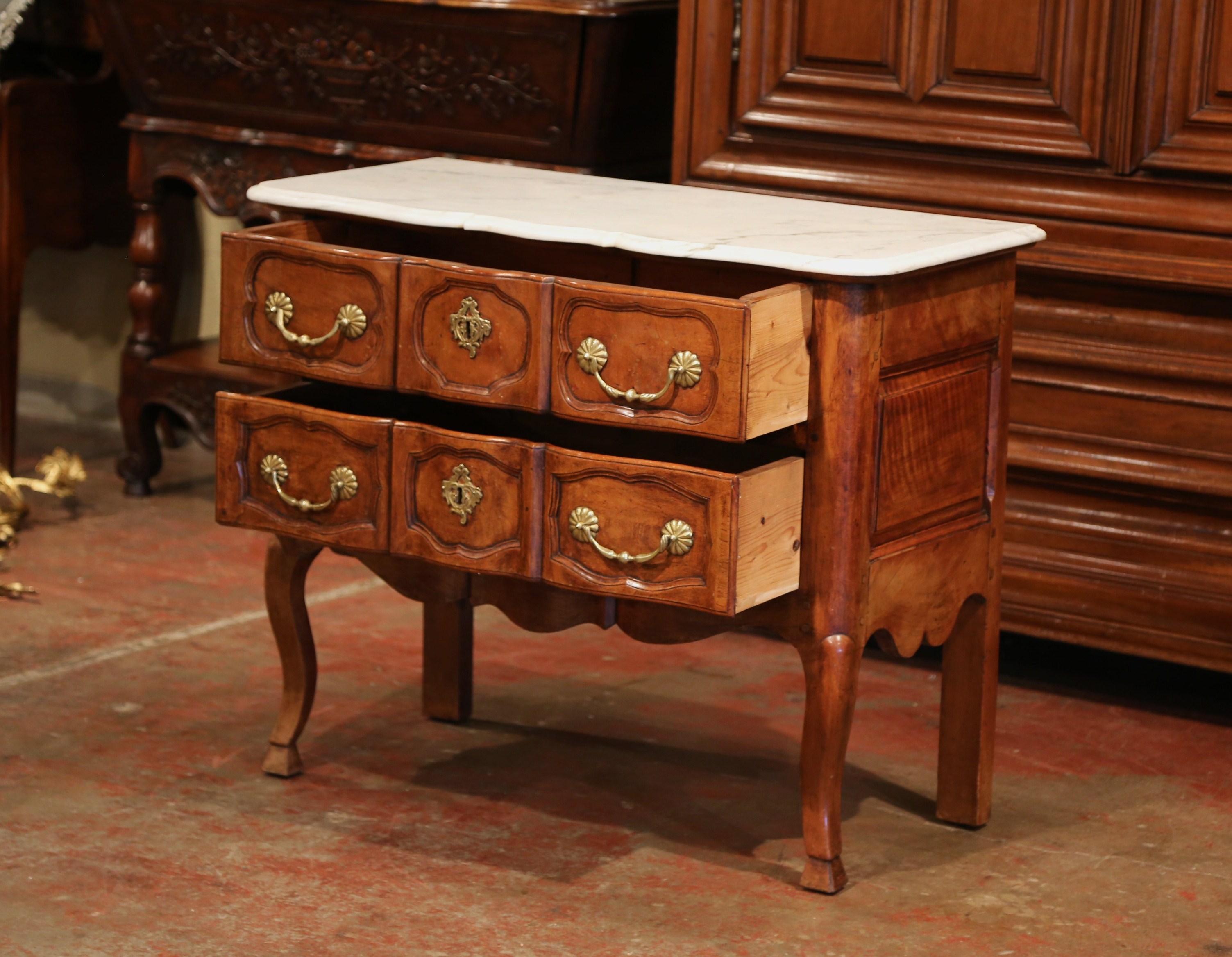 Hand-Carved Mid-19th Century French Carved Walnut Commode Chest of Drawers with Marble Top