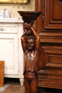 19th Century French Hand-Carved Walnut Sellette Pedestal with Gentleman Figure
