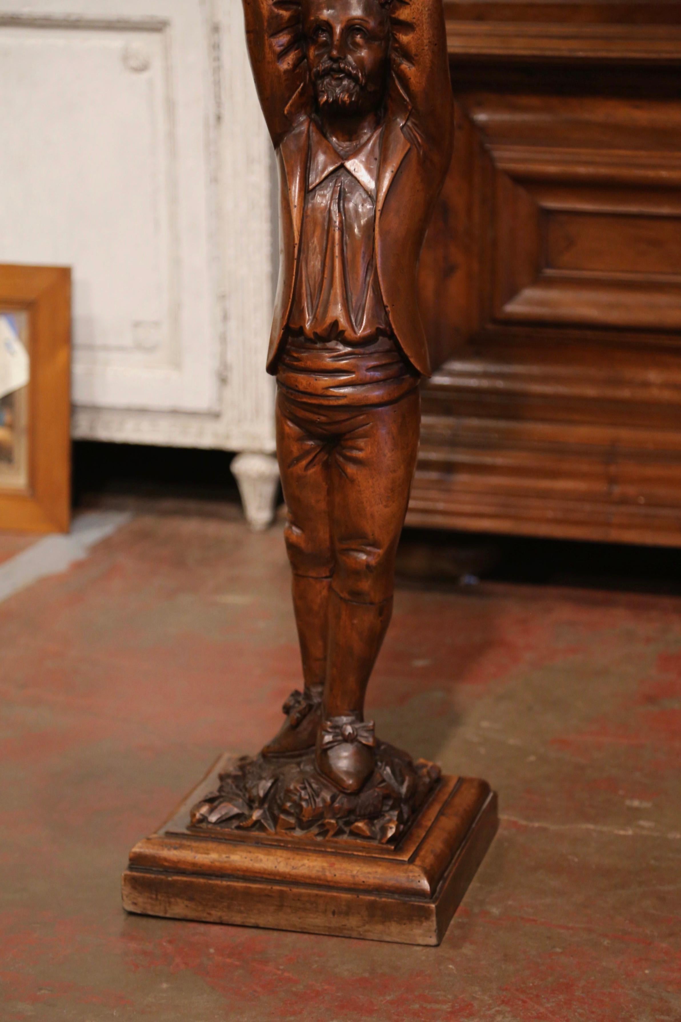 Country Mid-19th Century French Carved Walnut Pedestal Table with Gentleman Sculpture For Sale