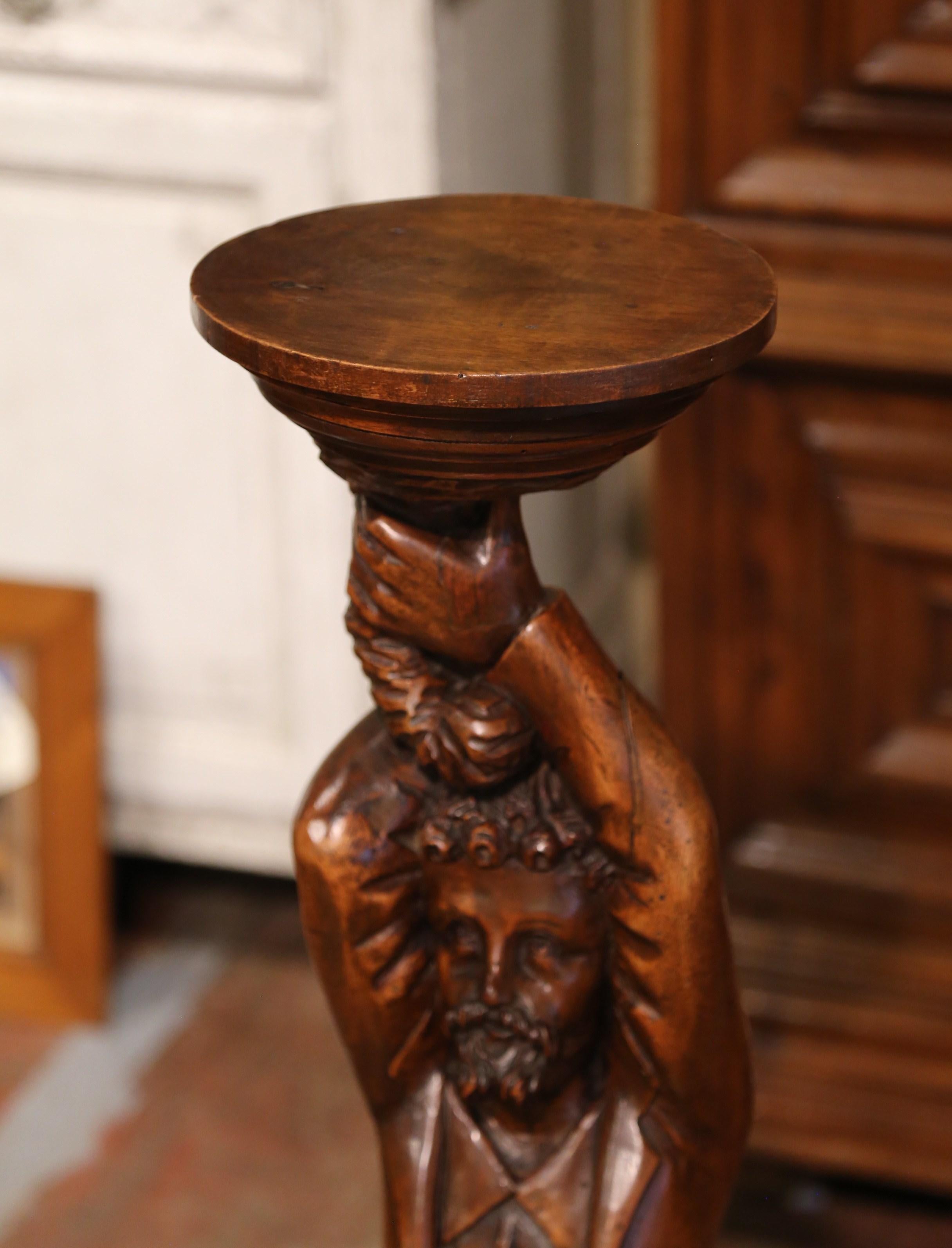 Mid-19th Century French Carved Walnut Pedestal Table with Gentleman Sculpture For Sale 1