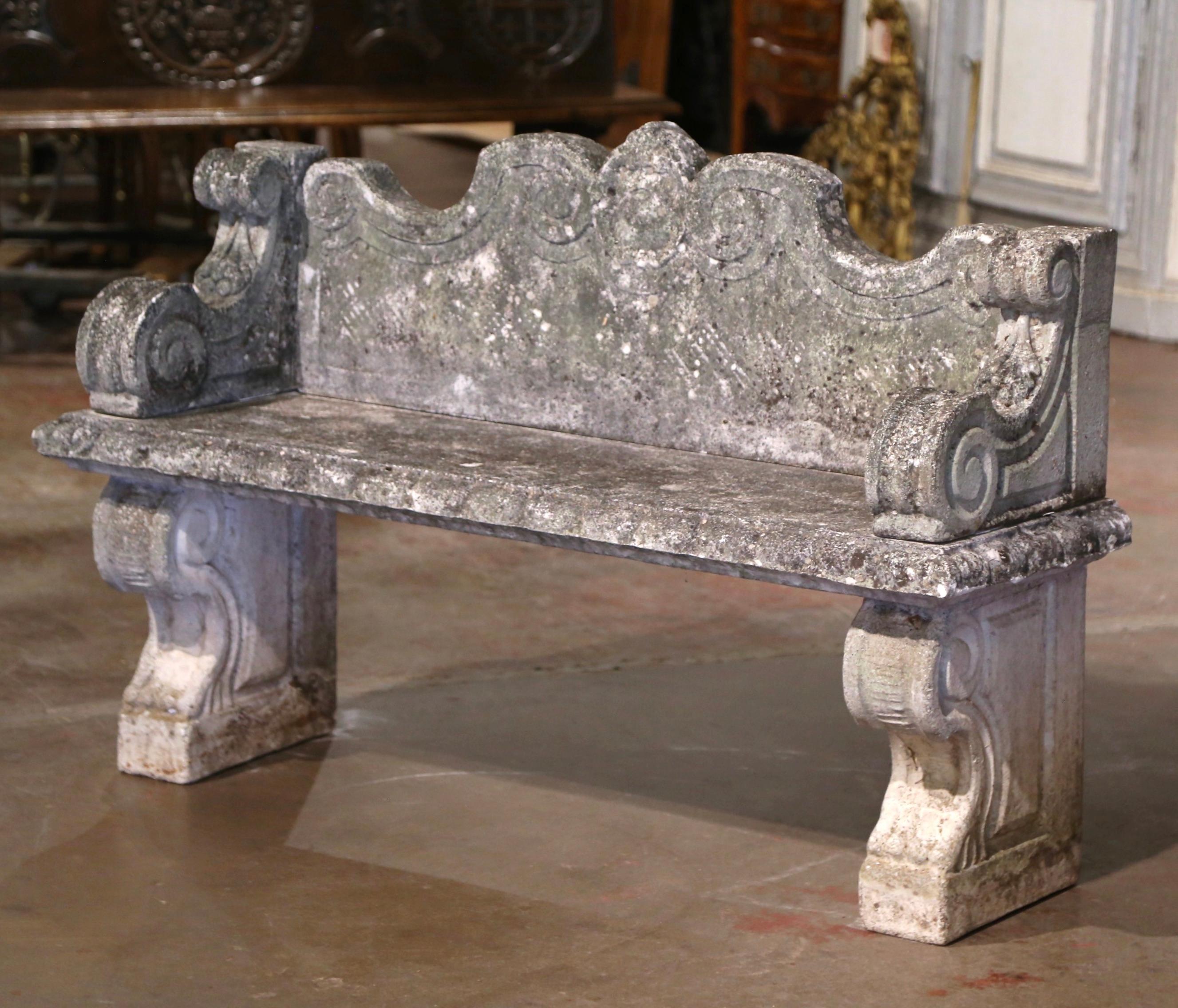 Hand-Crafted Mid-19th Century French Carved Weathered Stone Garden Bench from Normandy